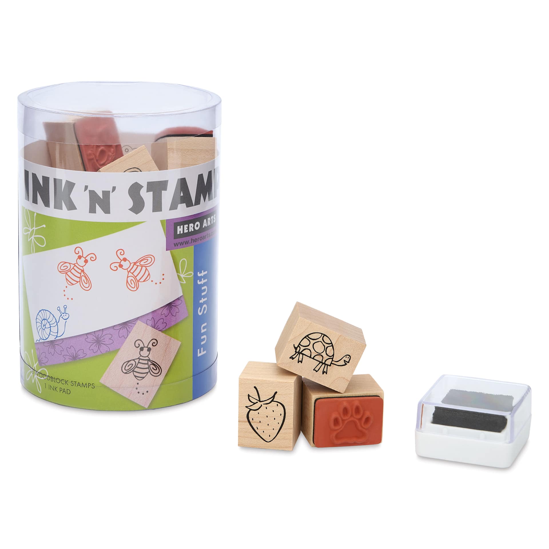 Hero Arts Fun Stuff Woodblock Ink 'n' Stamps - Set of 19 packaging with stamps and ink pad
