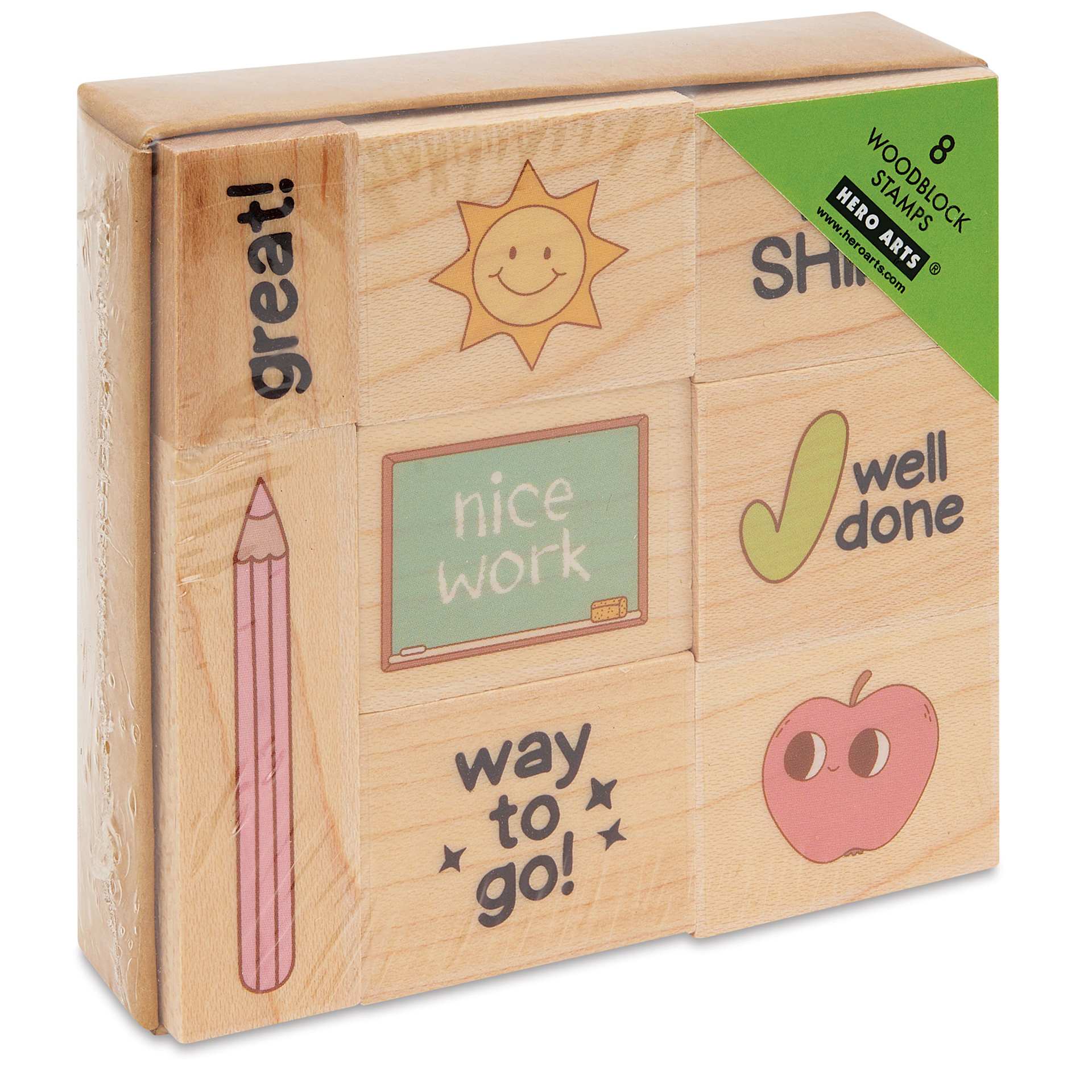 Hero Arts Woodblock Teacher Stamps Set - Set of 8, Well Done packaging angled view