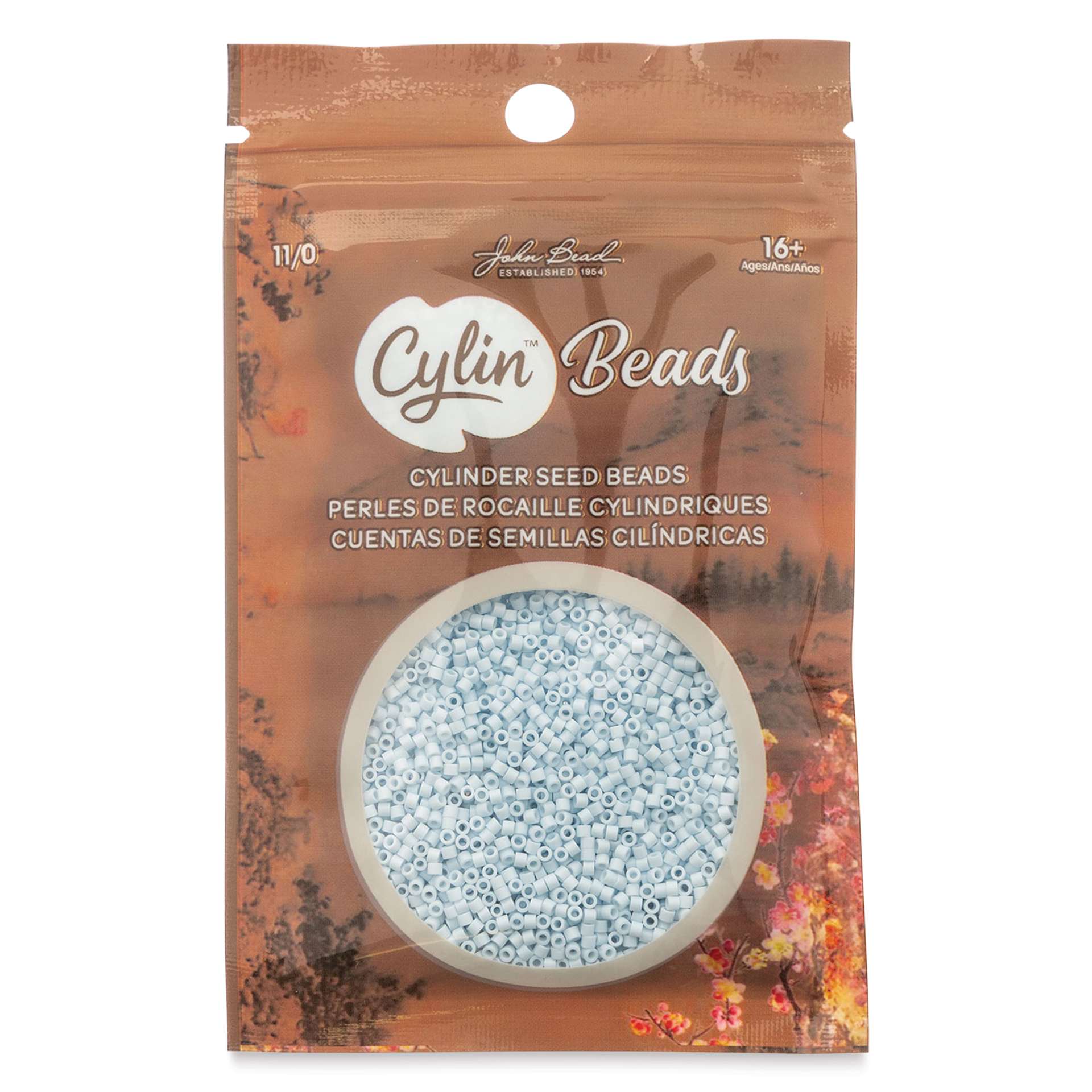 John Bead Cylin 11/0 Cylindrical Seed Beads - Light Blue Sky Opaque front of packaging