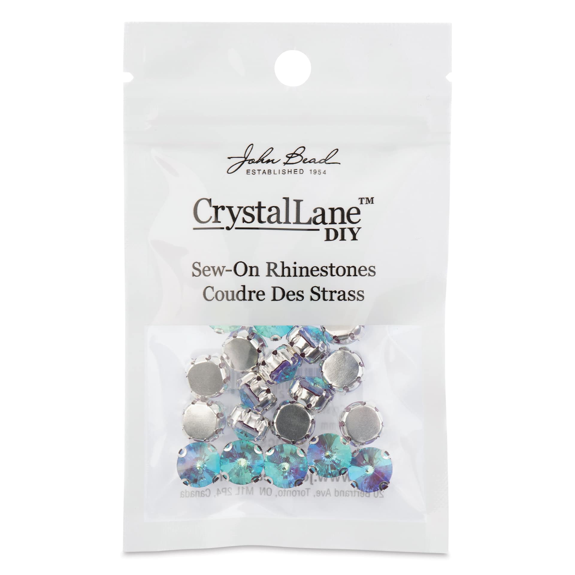 John Bead Crystal Lane DIY Sew On Rhinestones - Pkg of 20, Silver Setting, Neon Blue AB, 10 mm front of packaging