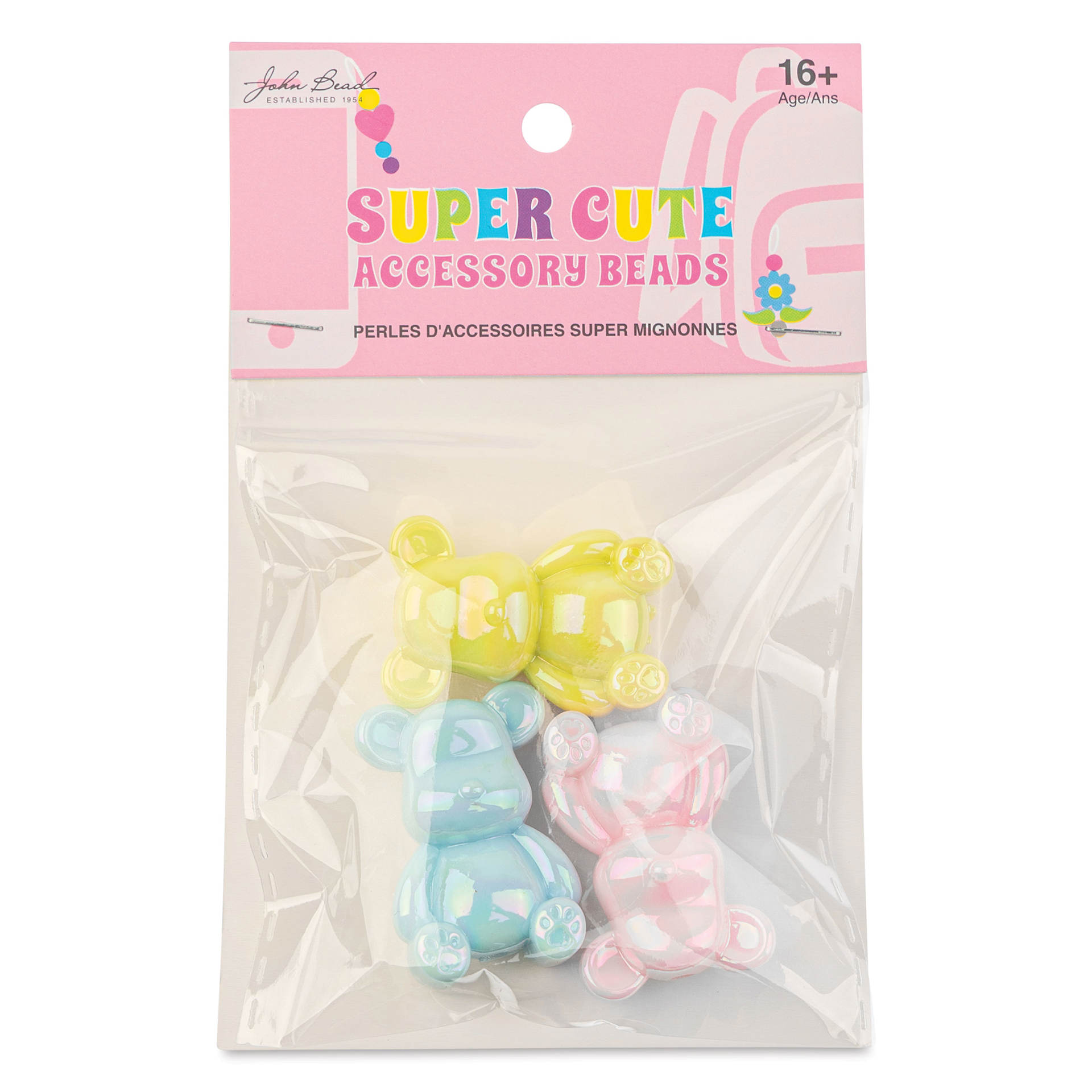 John Bead Super Cute Acrylic Animal Beads - Pkg of 3, Bears, Yellow, Light Blue, Light Pink front of packaging