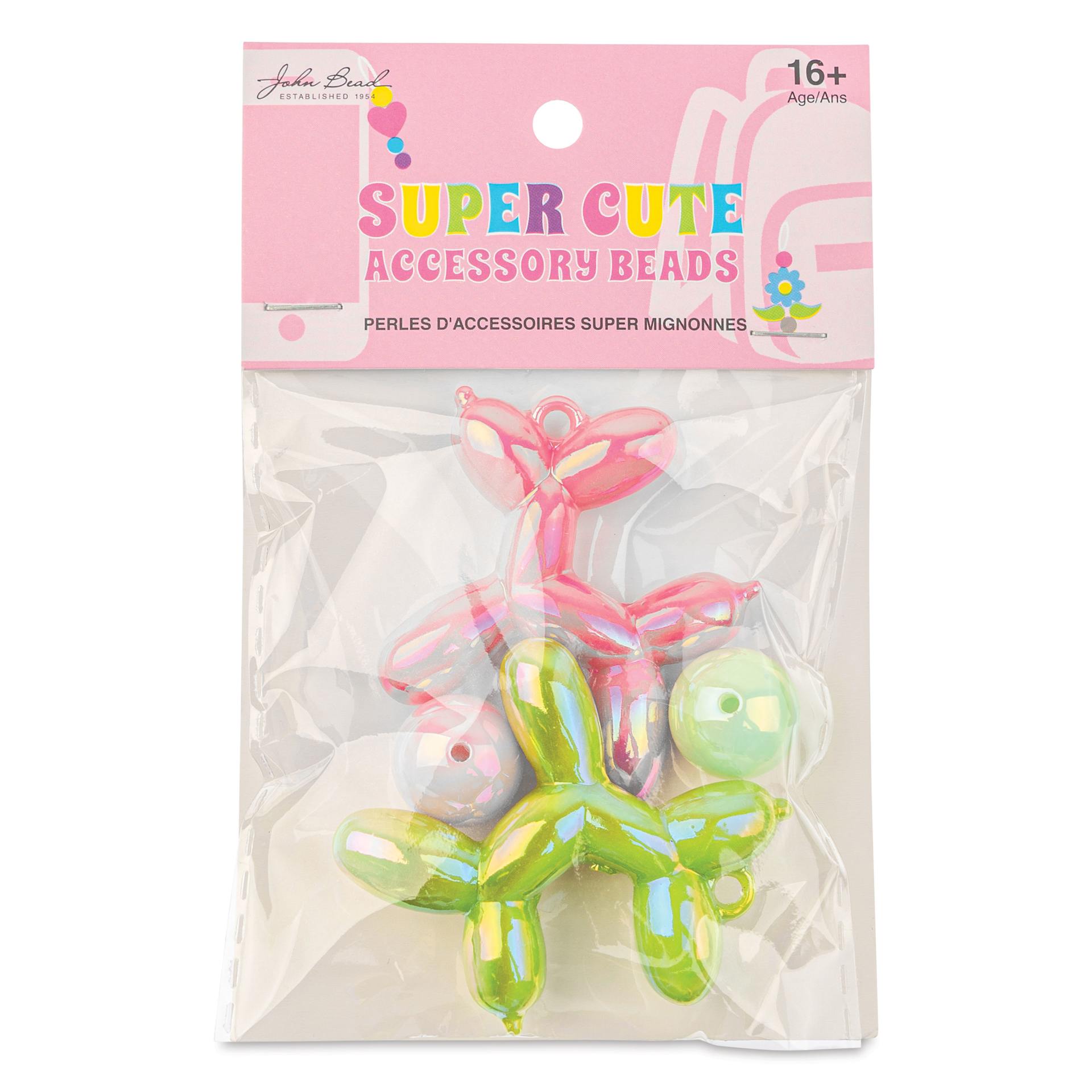 John Bead Super Cute Acrylic Animal Beads - Pkg of 4, Balloon Dogs, Green and Pink front of packaging