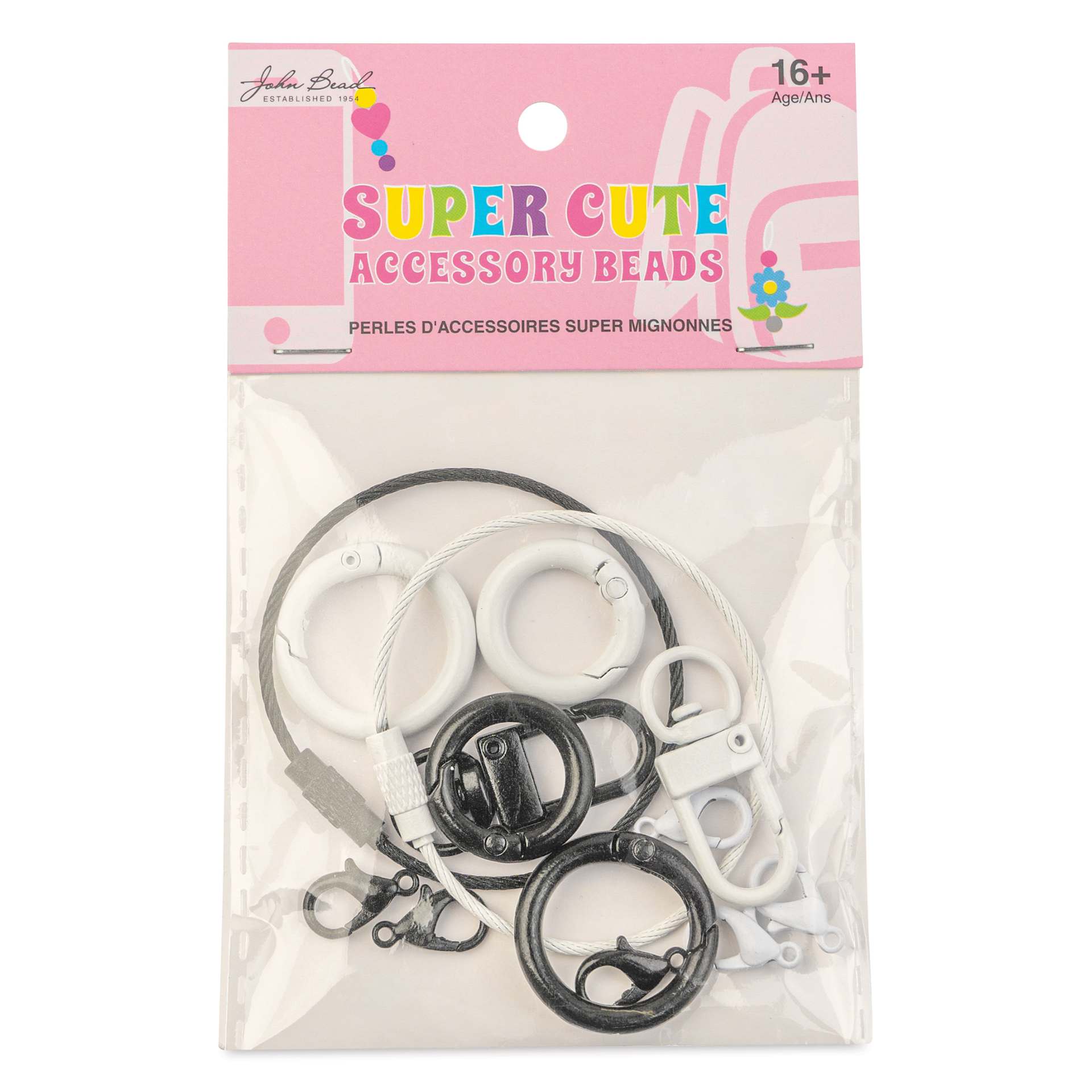 John Bead Super Cute Keychain Findings Kit - Pkg of 14, Kit 1, Black and White front of packaging