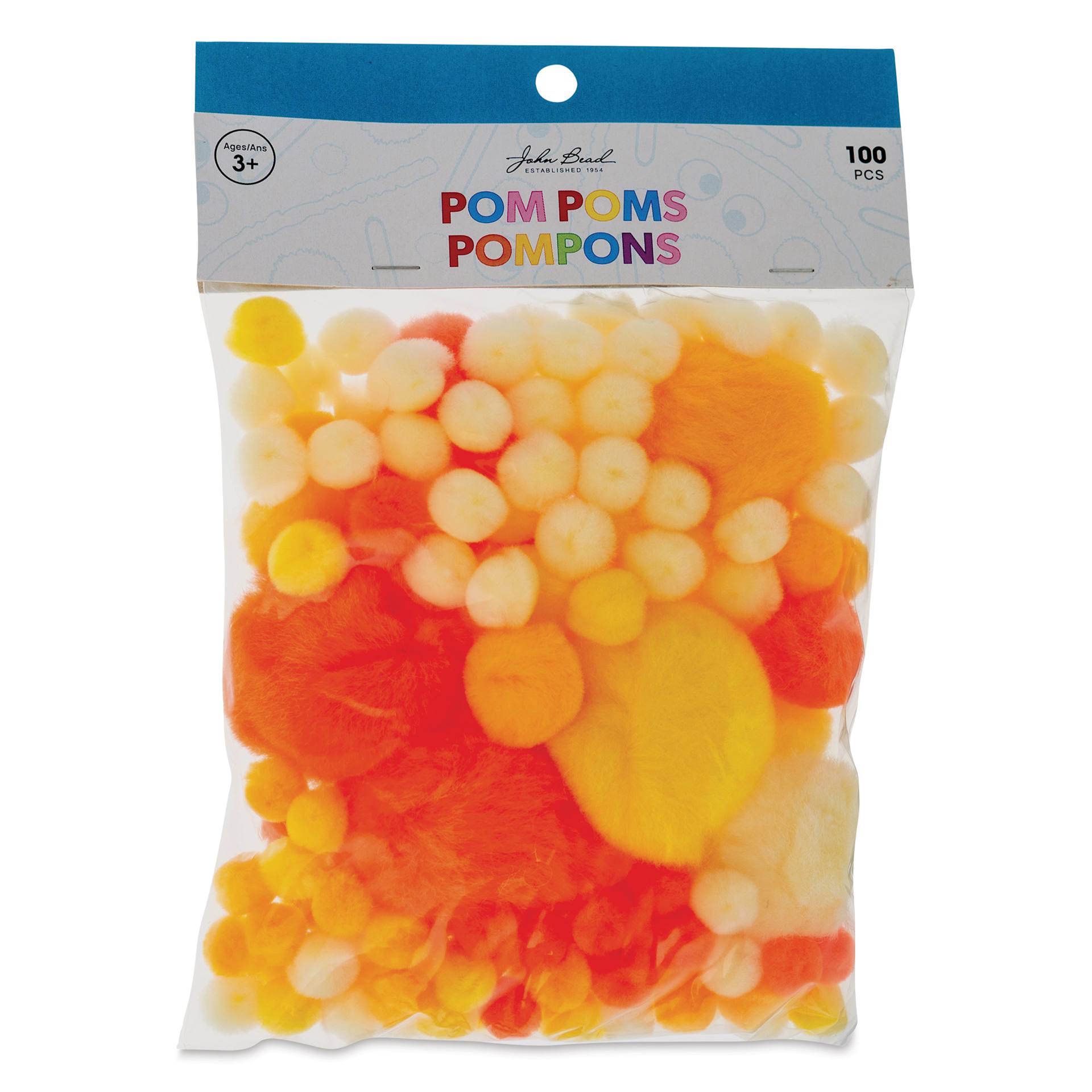 John Bead Pom Poms Assorted Mix - Pkg of 100, Sunset Mix front of packaging