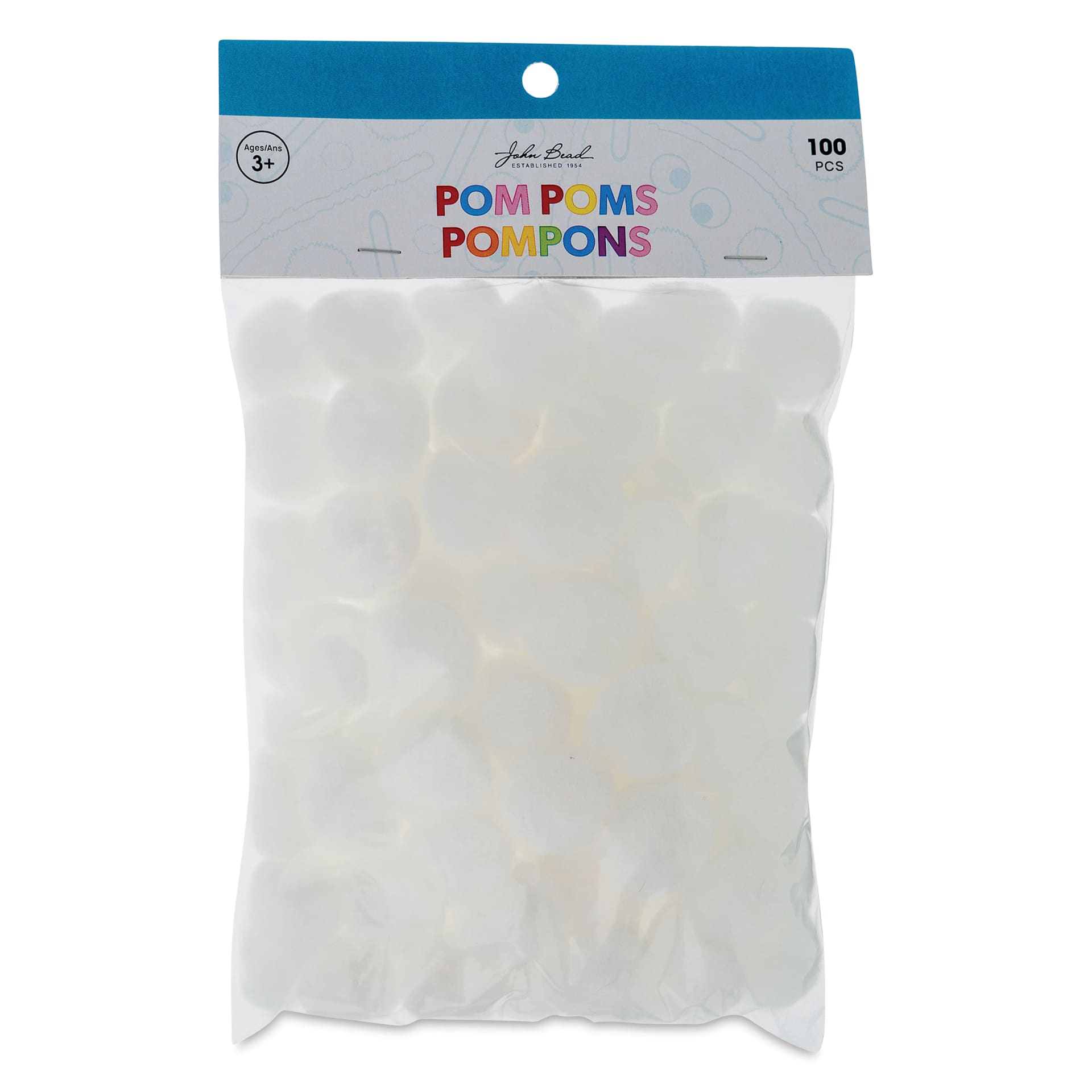John Bead Pom Poms - Pkg of 65, White, 1/2"  front of packaging
