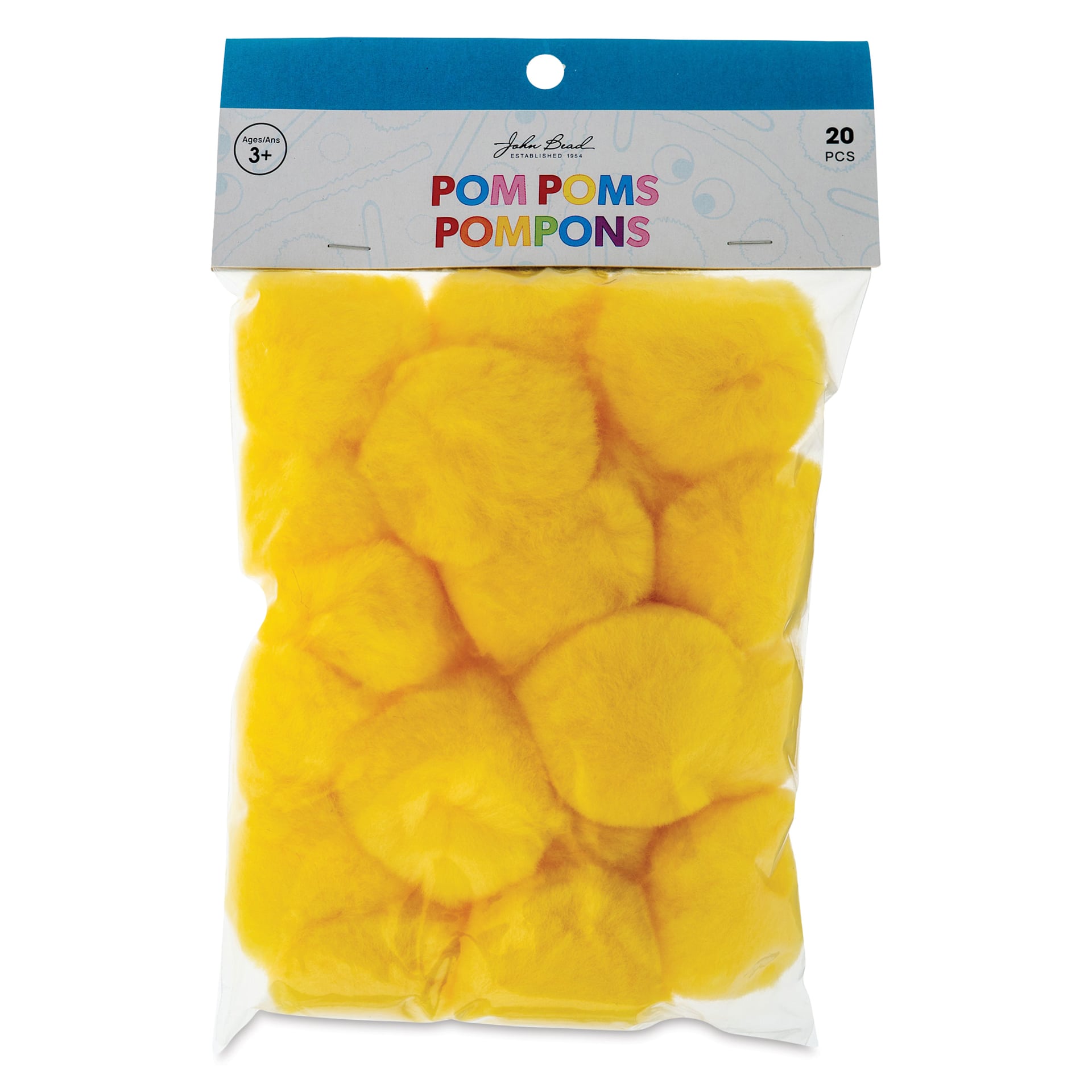 John Bead Pom Poms - Pkg of 20, Yellow, 2" front of packaging