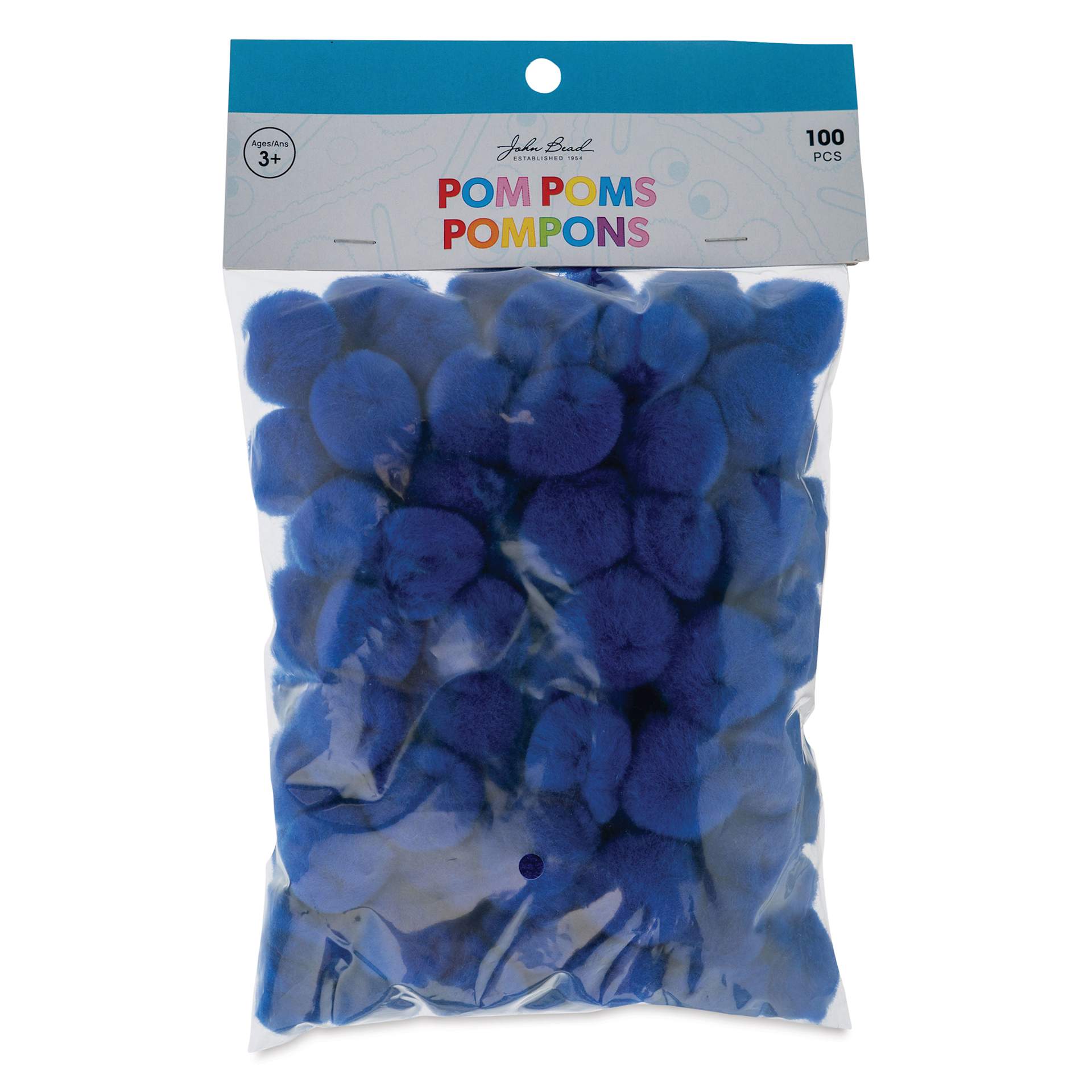 John Bead Pom Poms - Pkg of 65, Dark Blue, 1/2" front of packaging