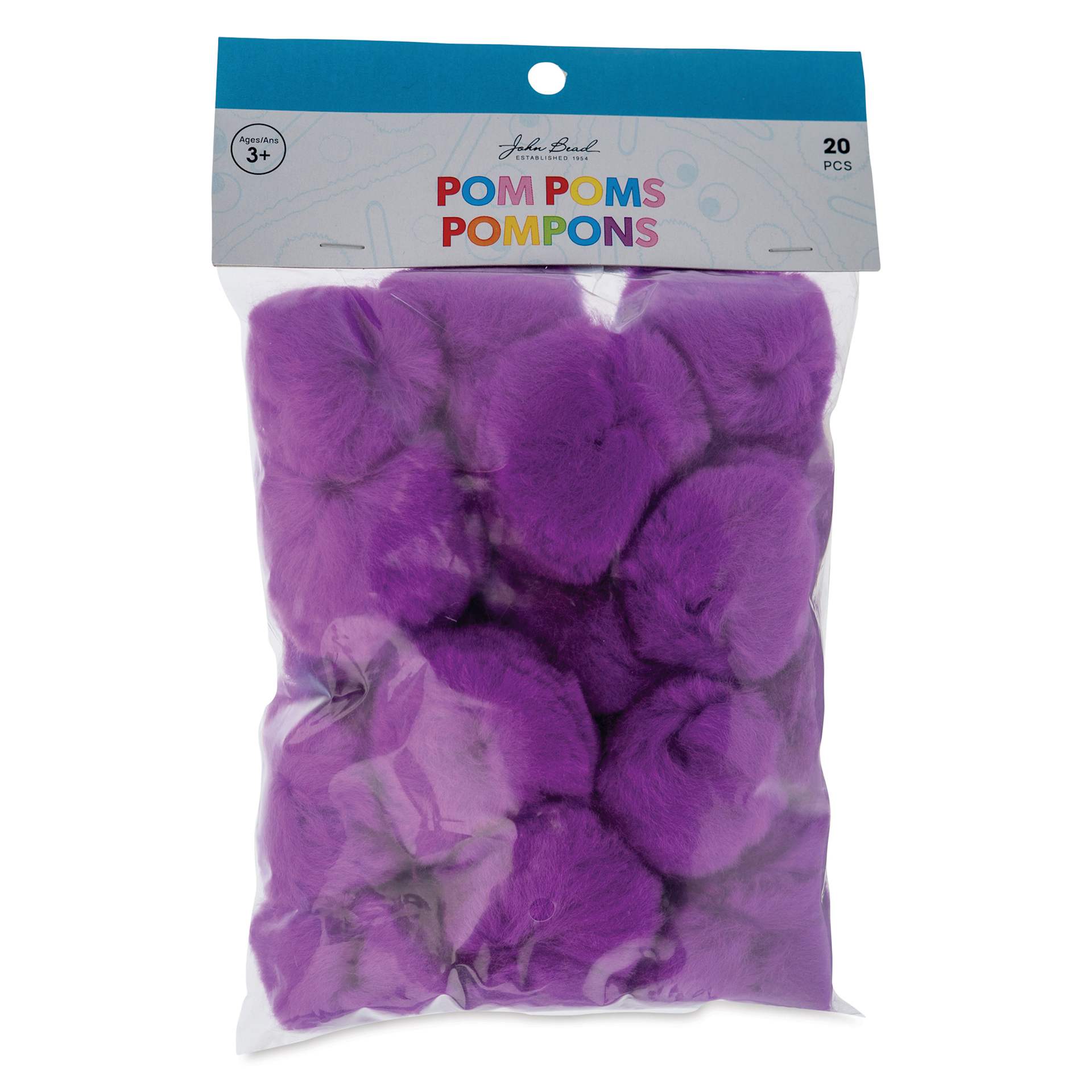 John Bead Pom Poms - Pkg of 20, Purple, 2" front of packaging