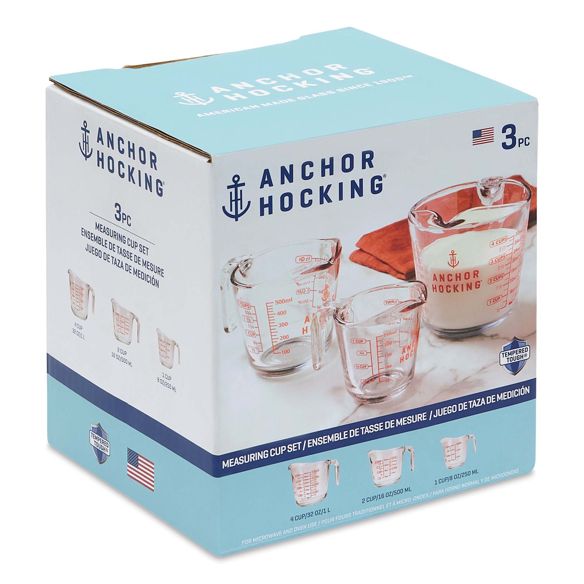 Anchor Hocking Glass Measuring Cup Set packaging angled view