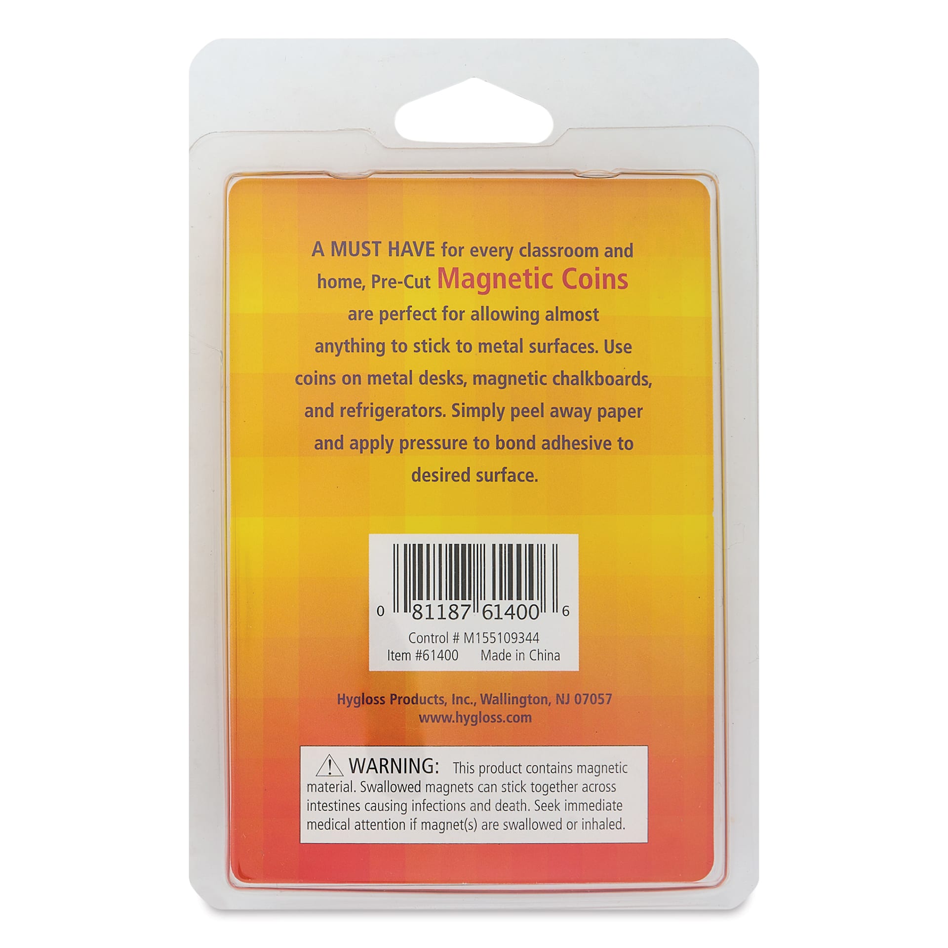 Hygloss Self-Adhesive Magnet Coins back of packaging