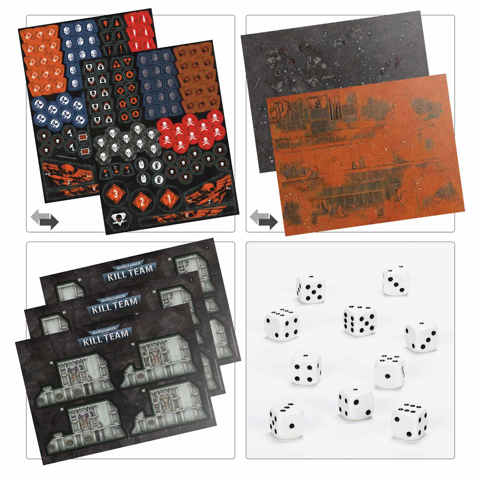 Warhammer Kill Team Starter Set - Included dice, background sheets, and counters.