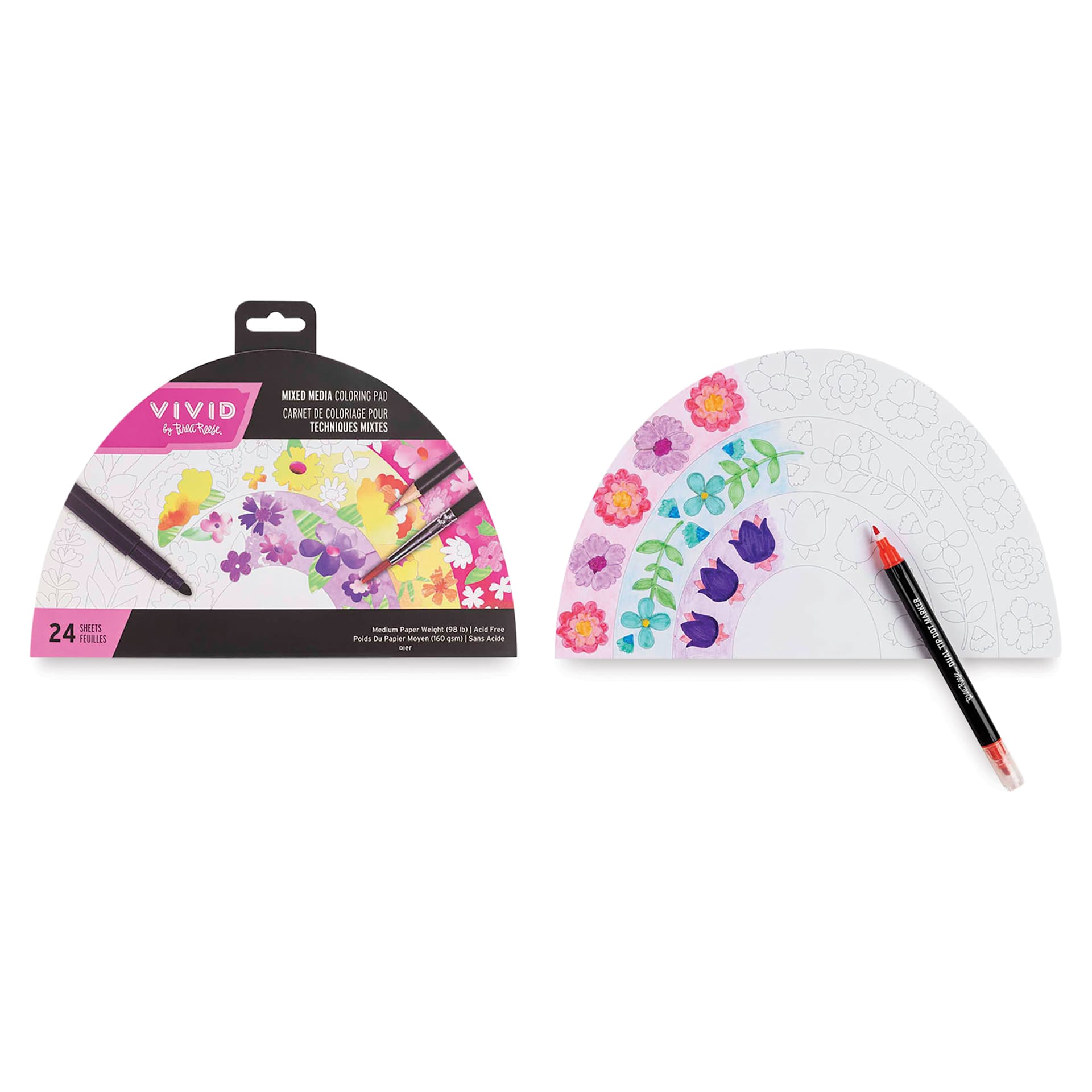 Brea Reese Vivid Mixed Media Coloring Pad - Rainbow, 7.2" x 10", front of pad and flower page