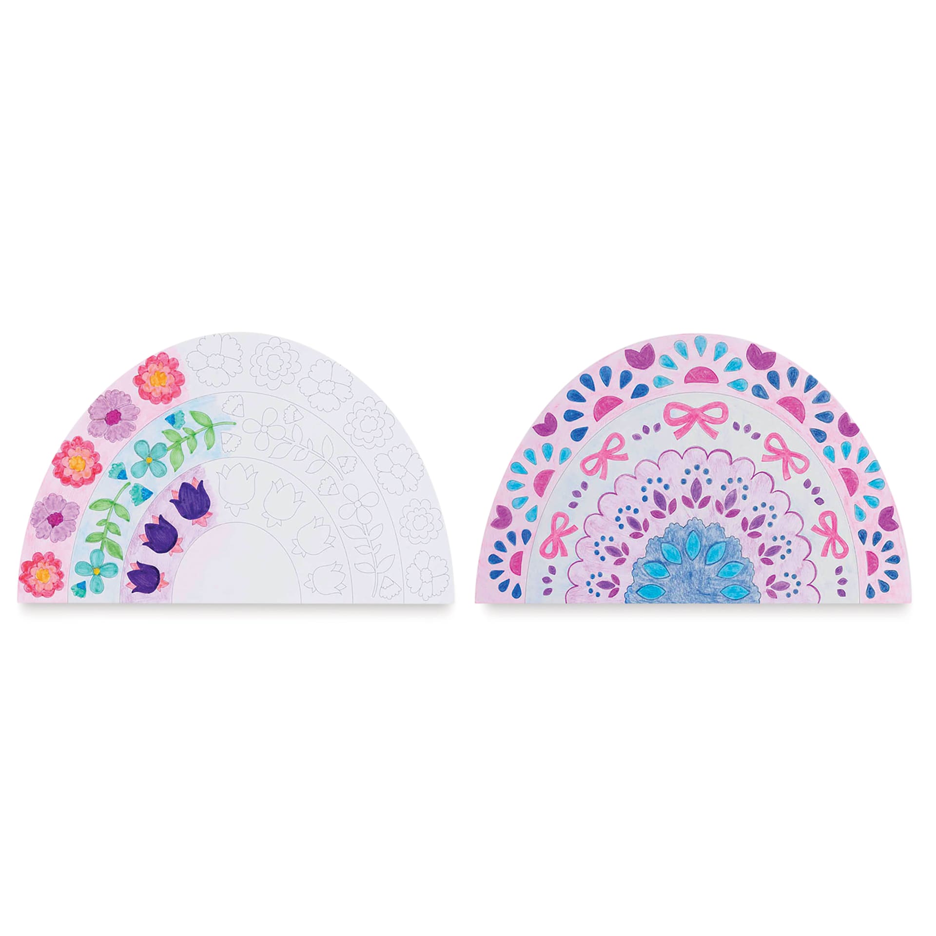 Brea Reese Vivid Mixed Media Coloring Pad - Rainbow, 7.2" x 10", half-finished page and finished page
