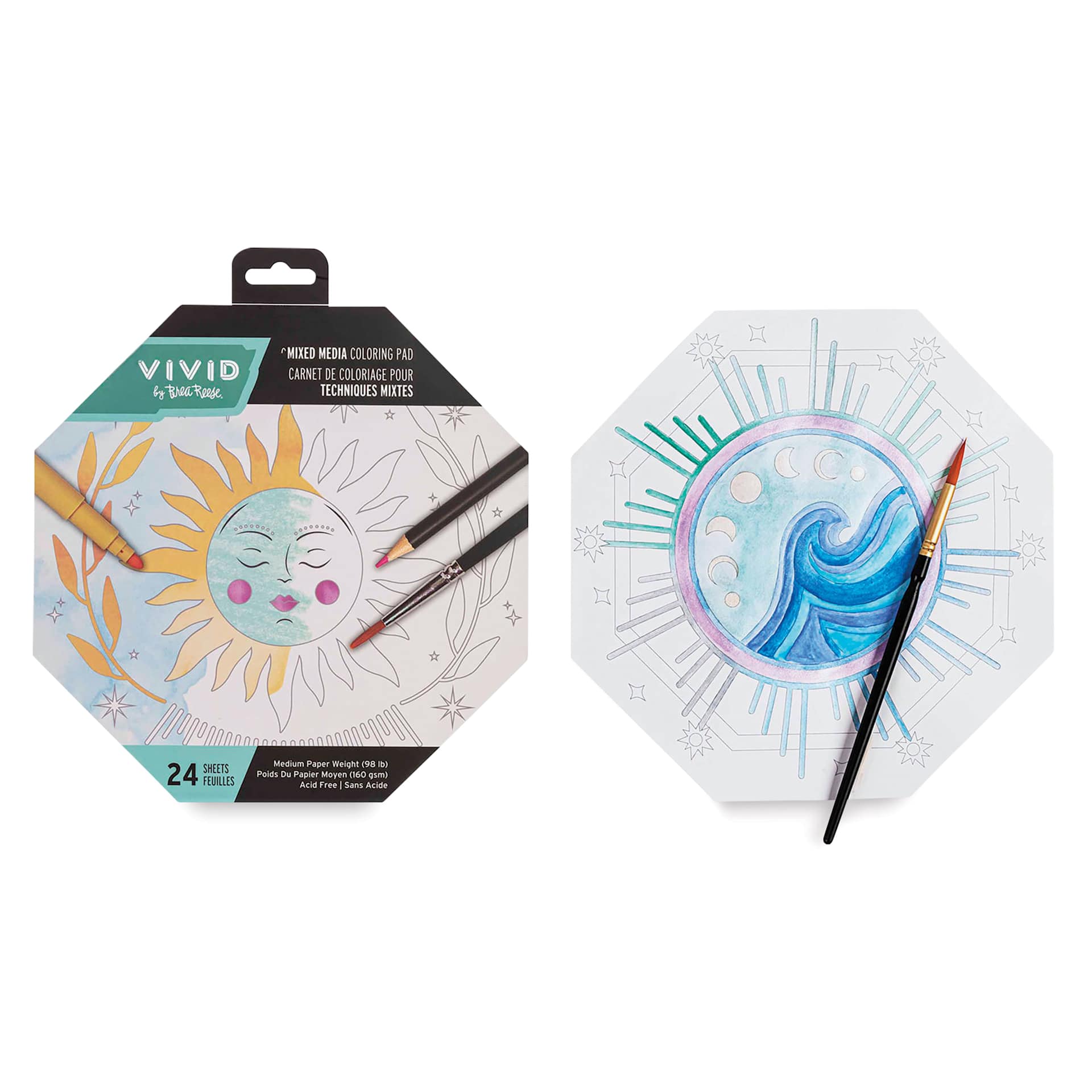 Brea Reese Vivid Mixed Media Coloring Pad - Octagon, 8.5" x 9.5", front of pad and ocean wave page