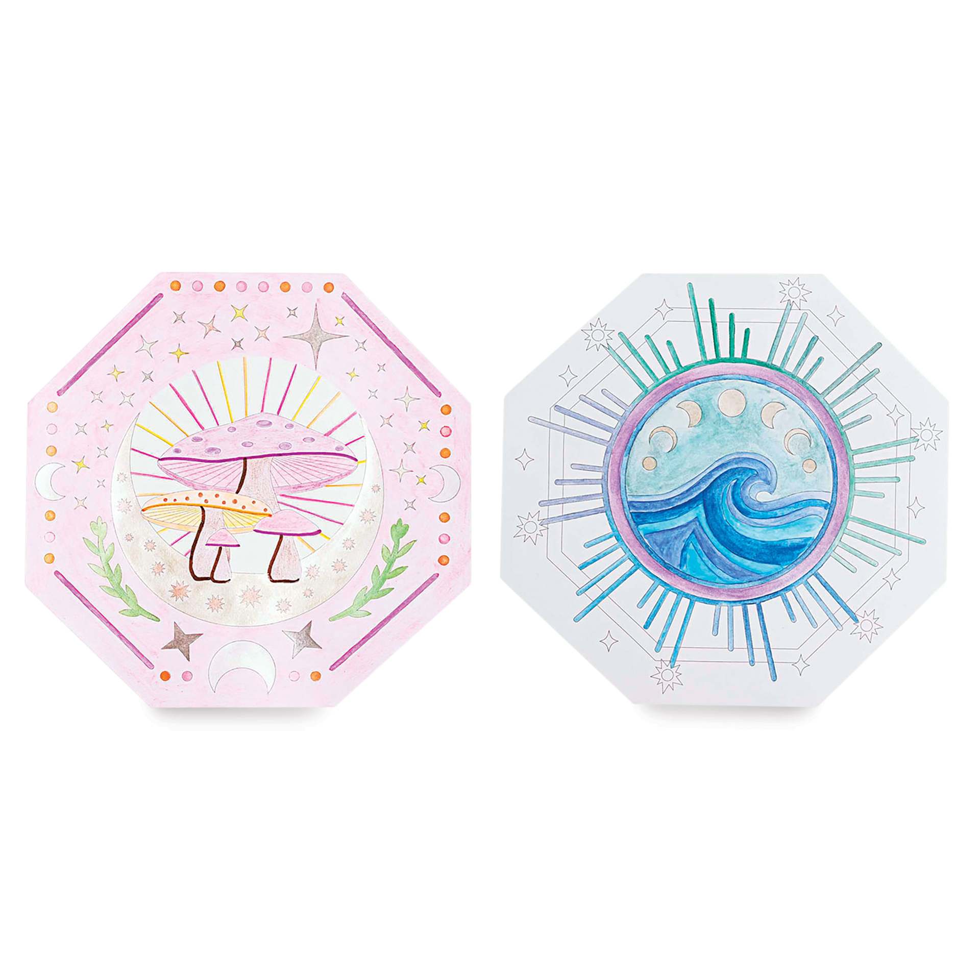 Brea Reese Vivid Mixed Media Coloring Pad - Octagon, 8.5" x 9.5", mushroom page and ocean wave page