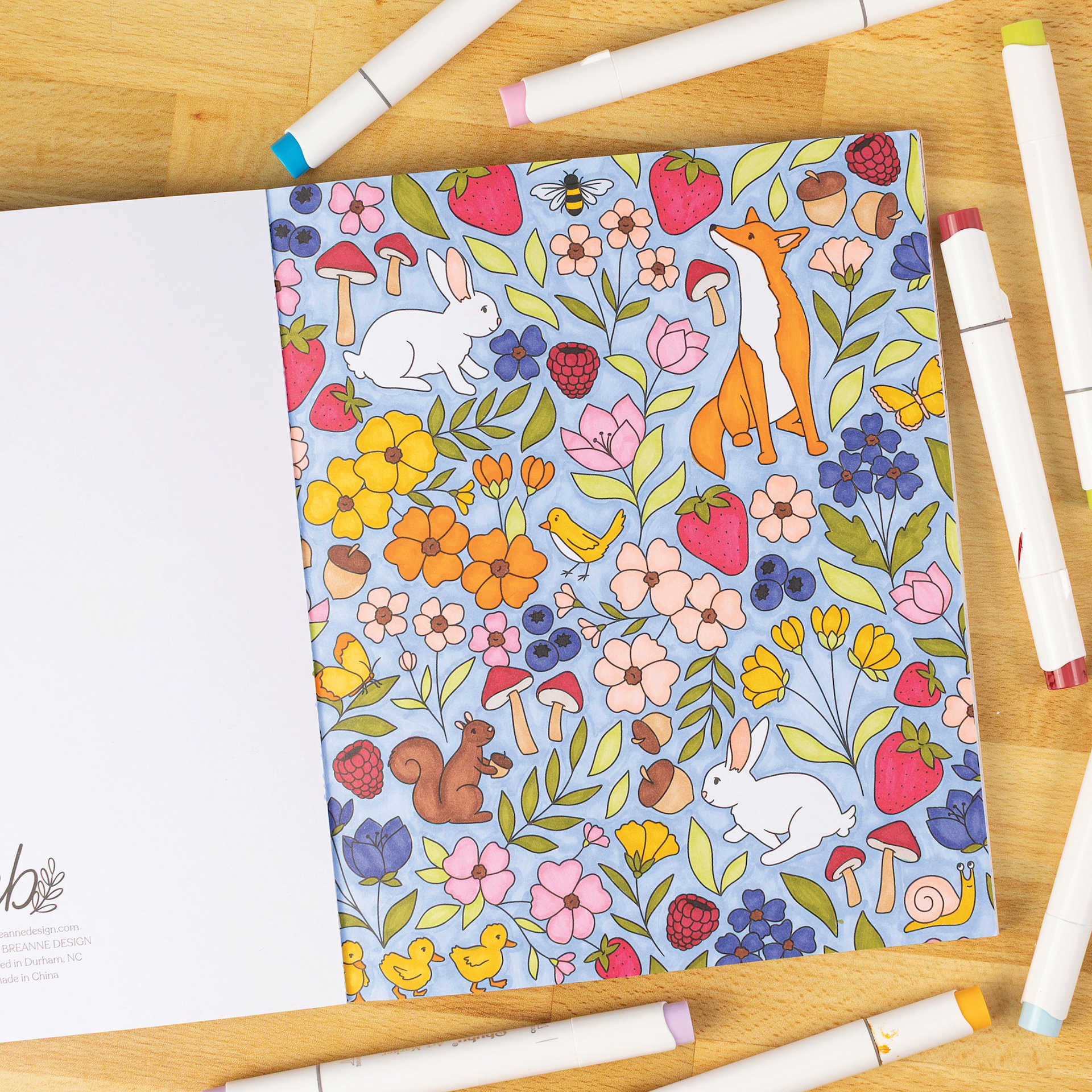 Elyse Breanne Garden Avenue Coloring Book, flowers, rabbits, and a fox