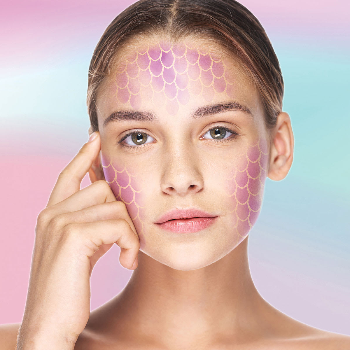 Stencil1 FX Makeup Stencils - Dragon Scales - painted light violet and placed on face