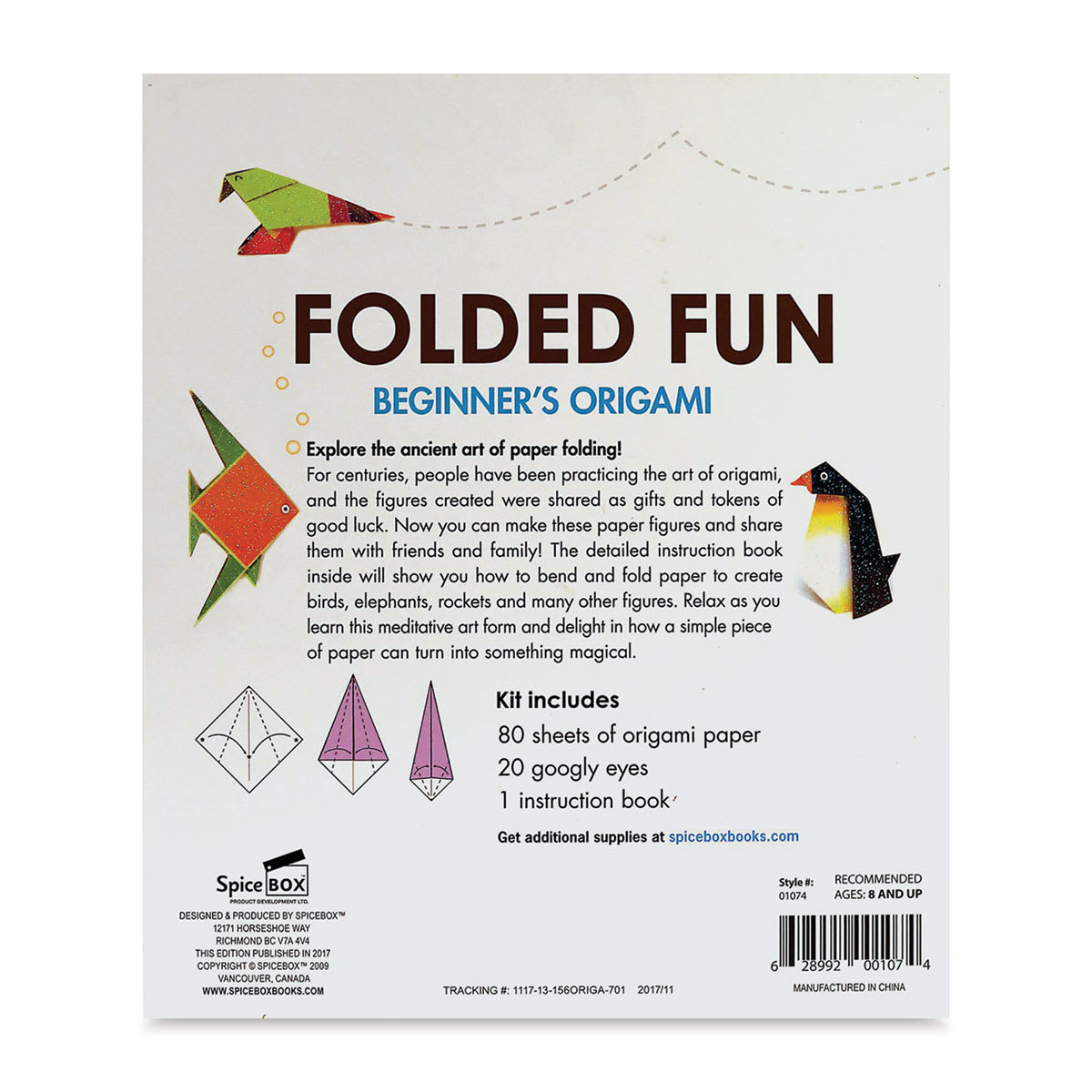 SpiceBox Folded Fun Beginner’s Origami Kit (Back of packaging)