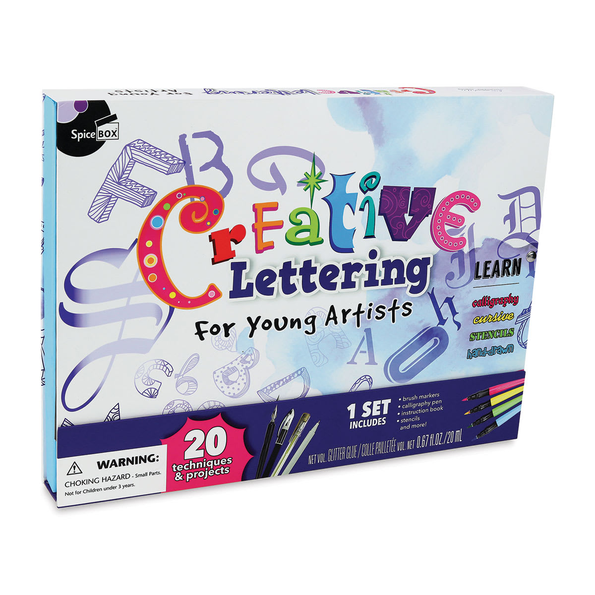 SpiceBox Creative Lettering for Young Artists Kit - Angled view of Front of package