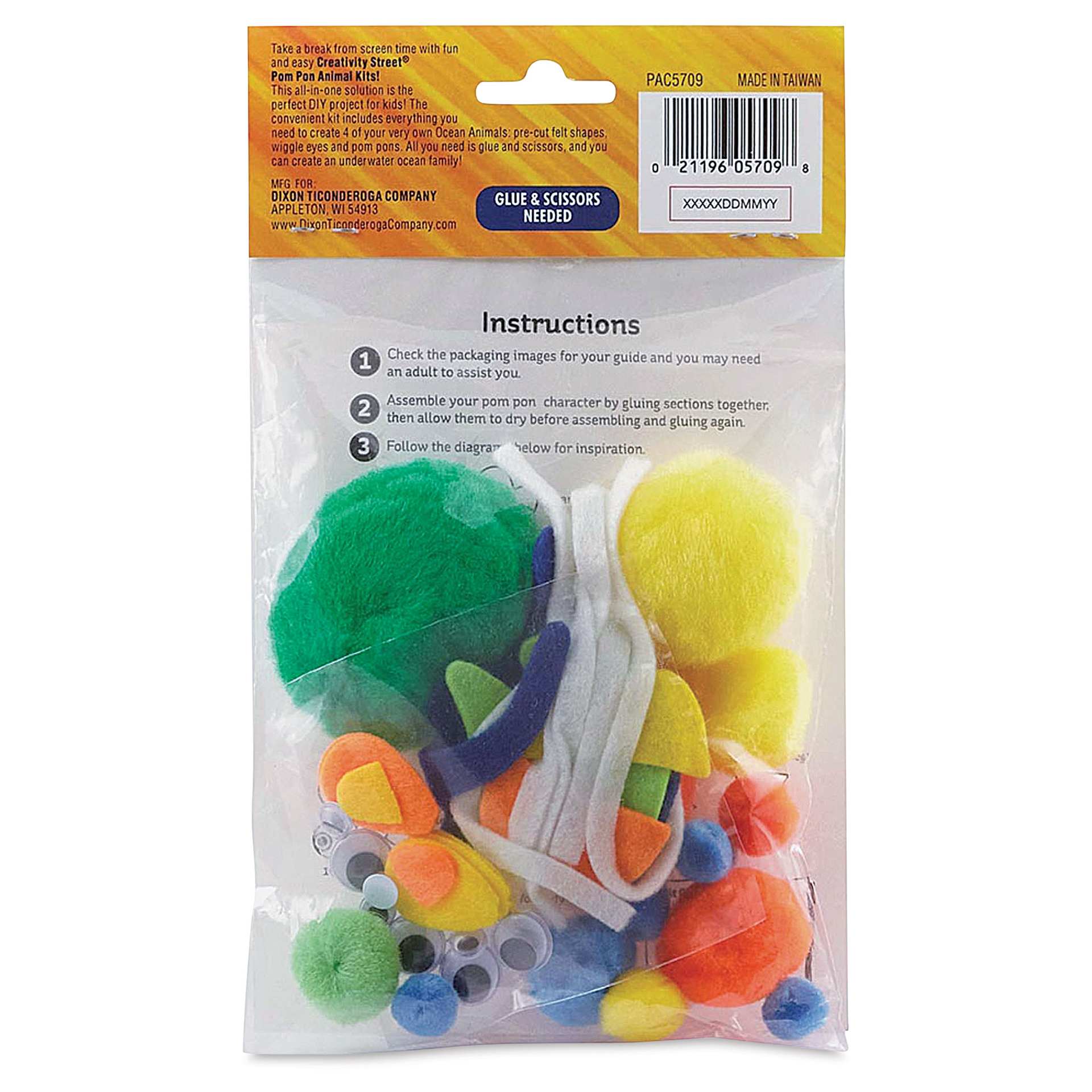 Creativity Street Pom Pon Animal Kit - Ocean Animals, Set of 4 (back of packaging)