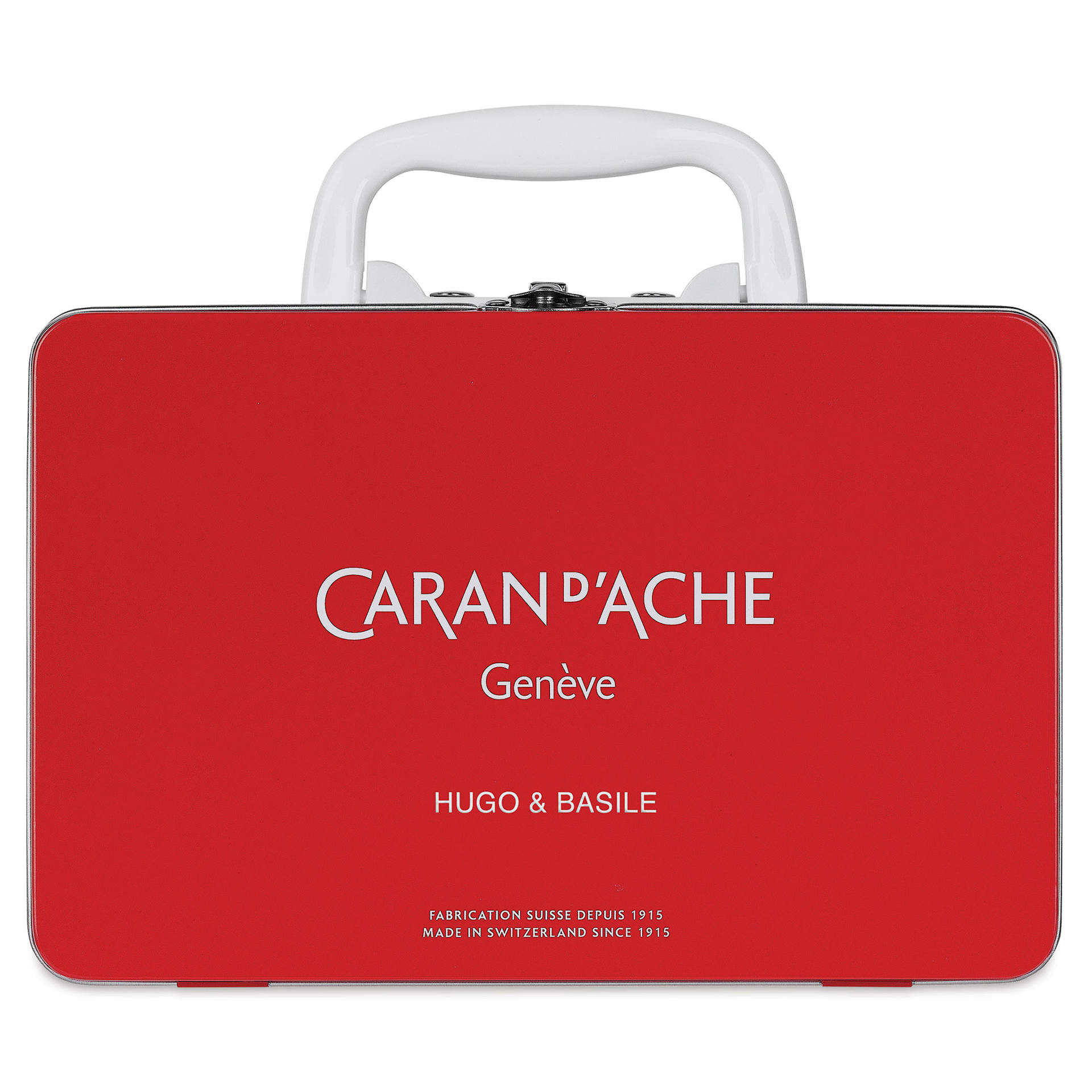 Caran d'Ache Swisscolor Travel Kit, back of the Red metal box and handle raised