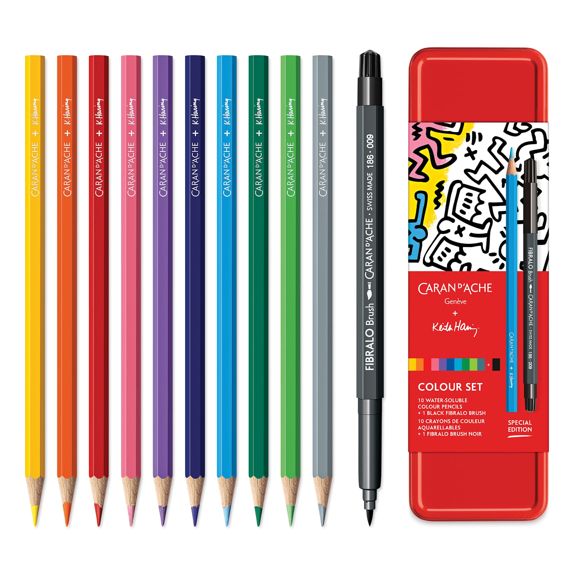 Caran d'Ache Keith Haring Colour Set, pencils and pen brush out of the packaging
