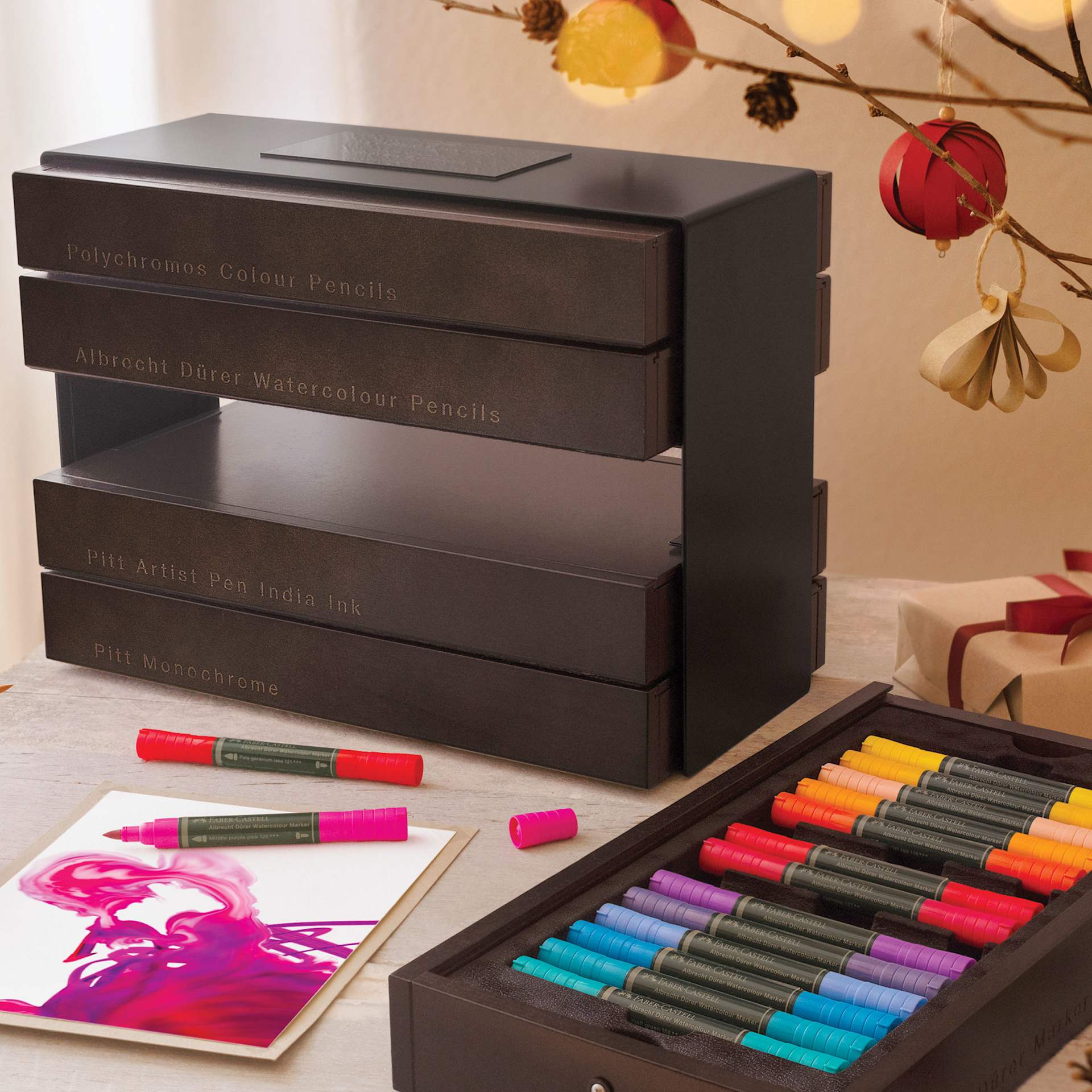Faber-Castell Limited Edition Art & Graphic 260th Anniversary Set, box on a table and drawer removed