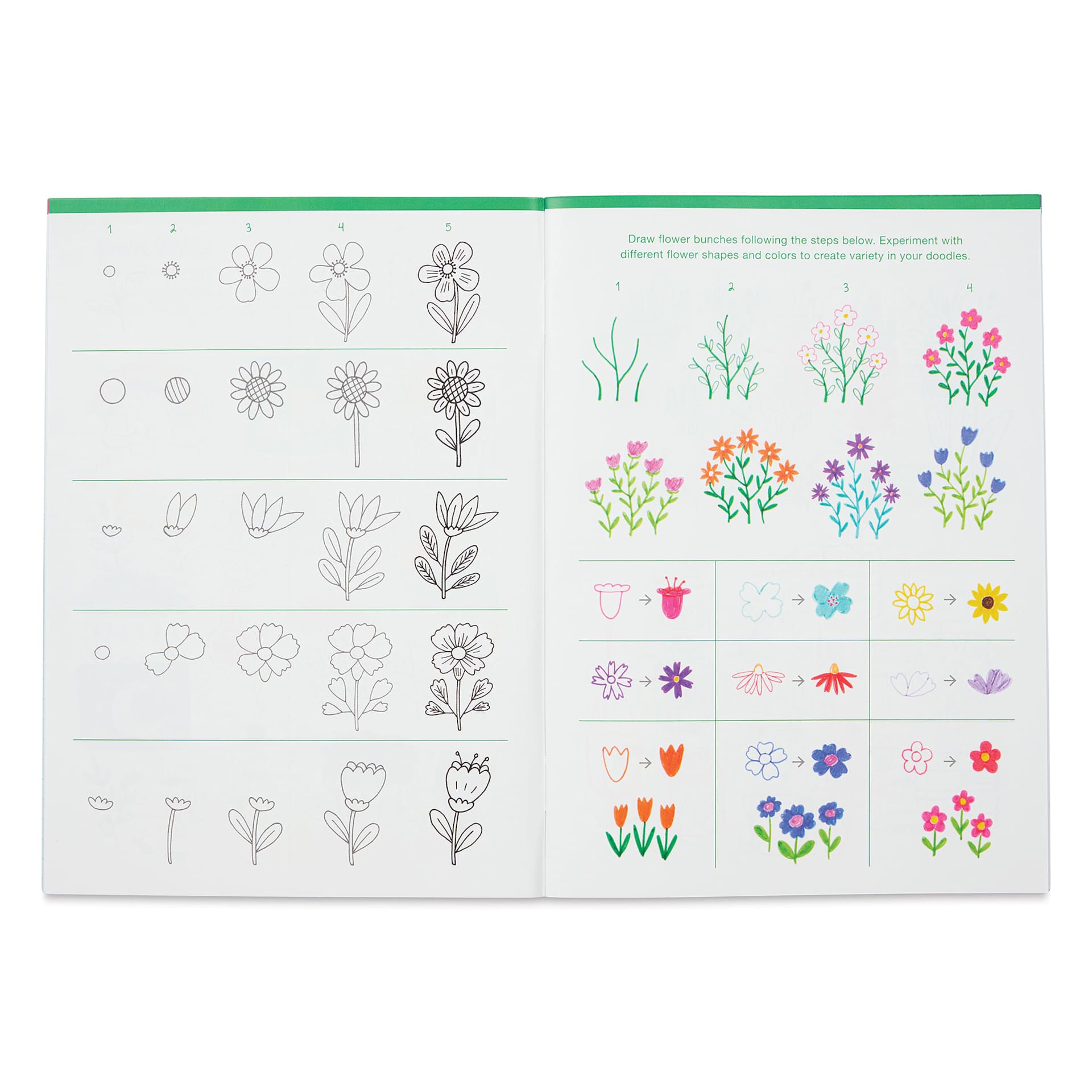 Tombow Learn to Doodle Kit, inside of the instructional book showing plants and flowers