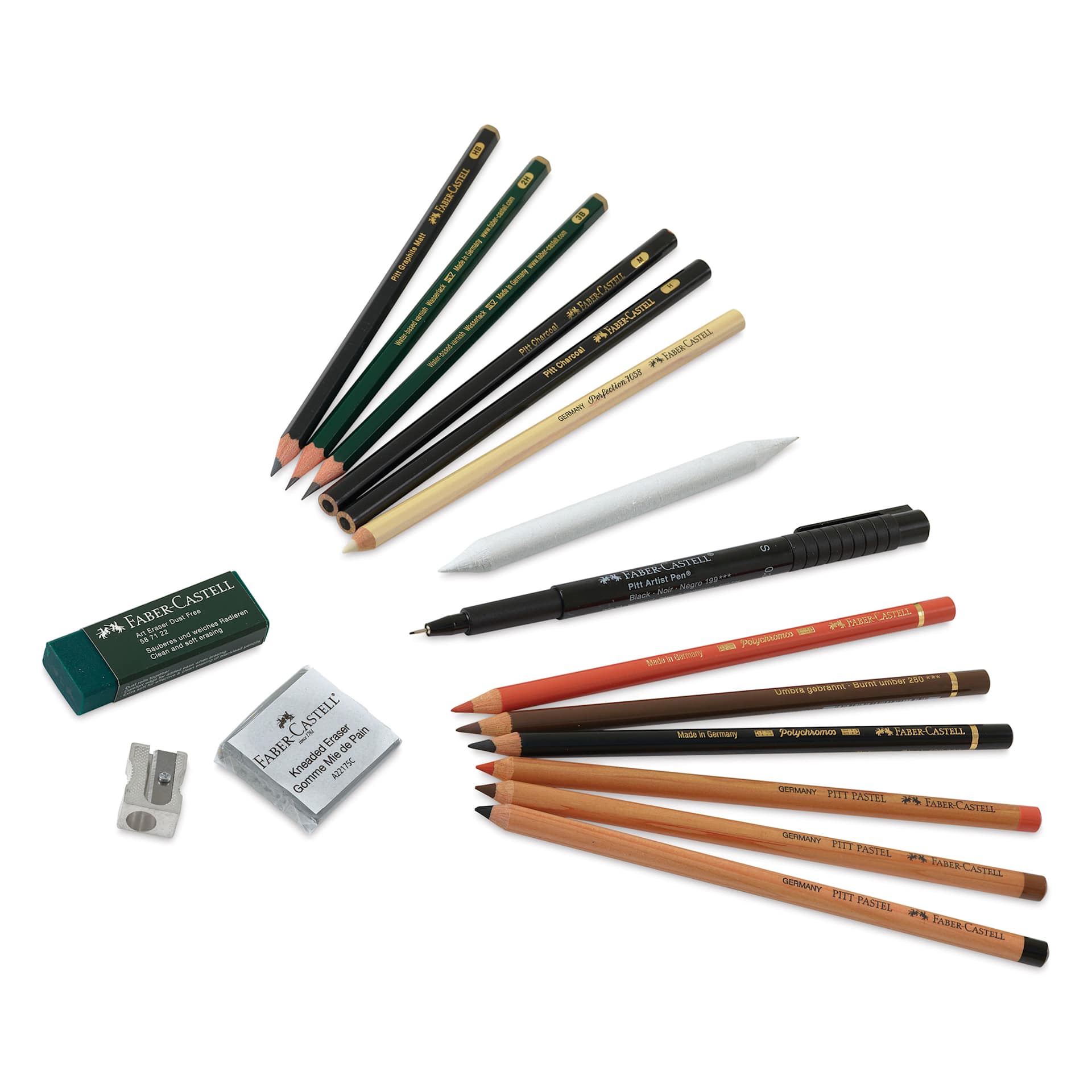 Faber-Castell Graphic Art Try It Box - Dry Mediums Set, contents laid out Faber-Castell Graphic Art Try It Box - Dry Mediums Set, contents laid out