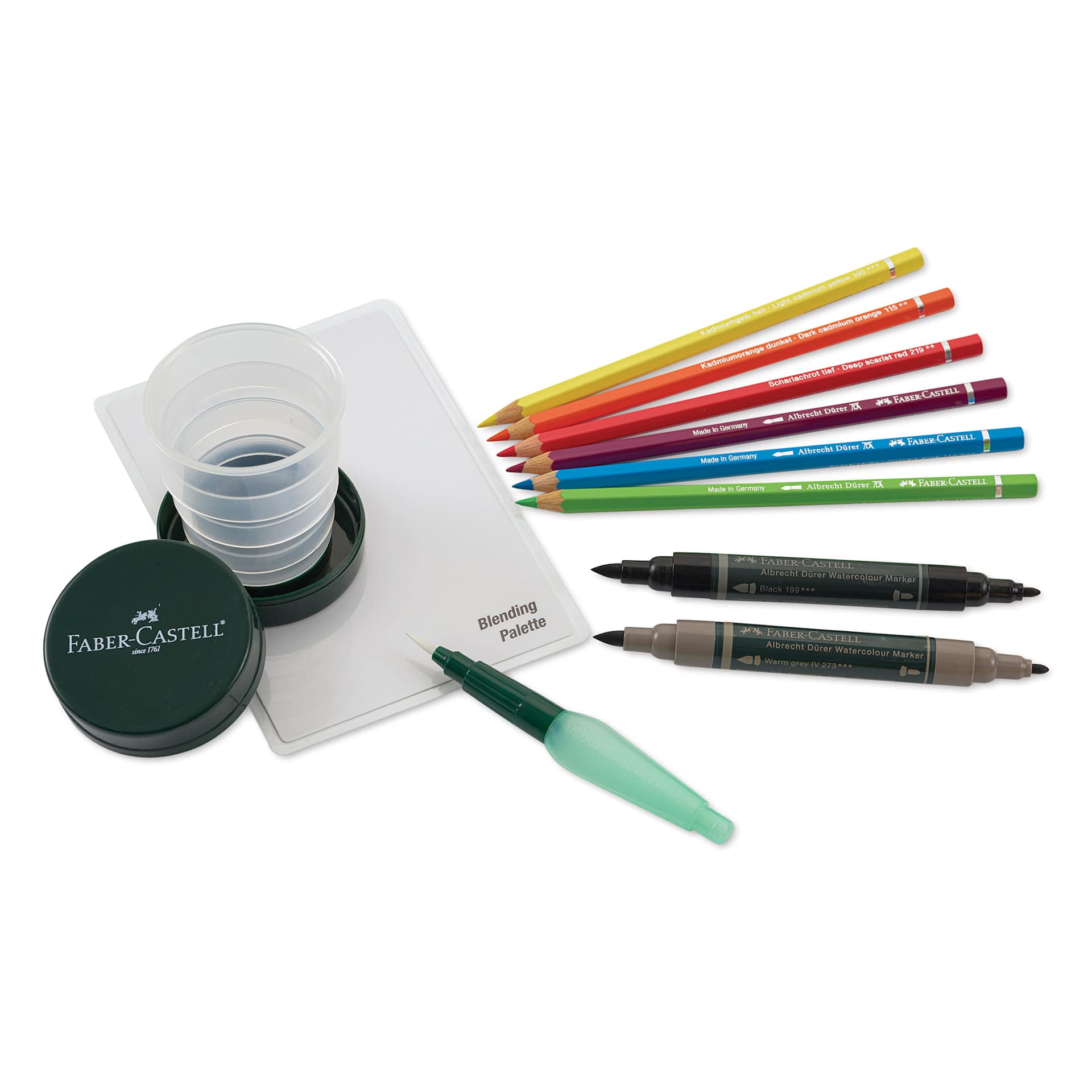 Faber-Castell Graphic Art Try It Box - Wet Mediums Set, contents laid out Faber-Castell Graphic Art Try It Box - Wet Mediums Set, contents laid out