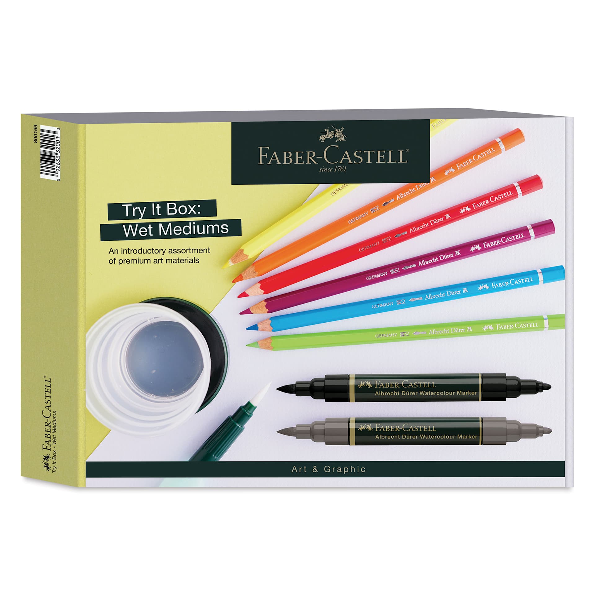 Faber-Castell Graphic Art Try It Box - Wet Mediums Set, front of the packaging Faber-Castell Graphic Art Try It Box - Wet Mediums Set, front of the packaging