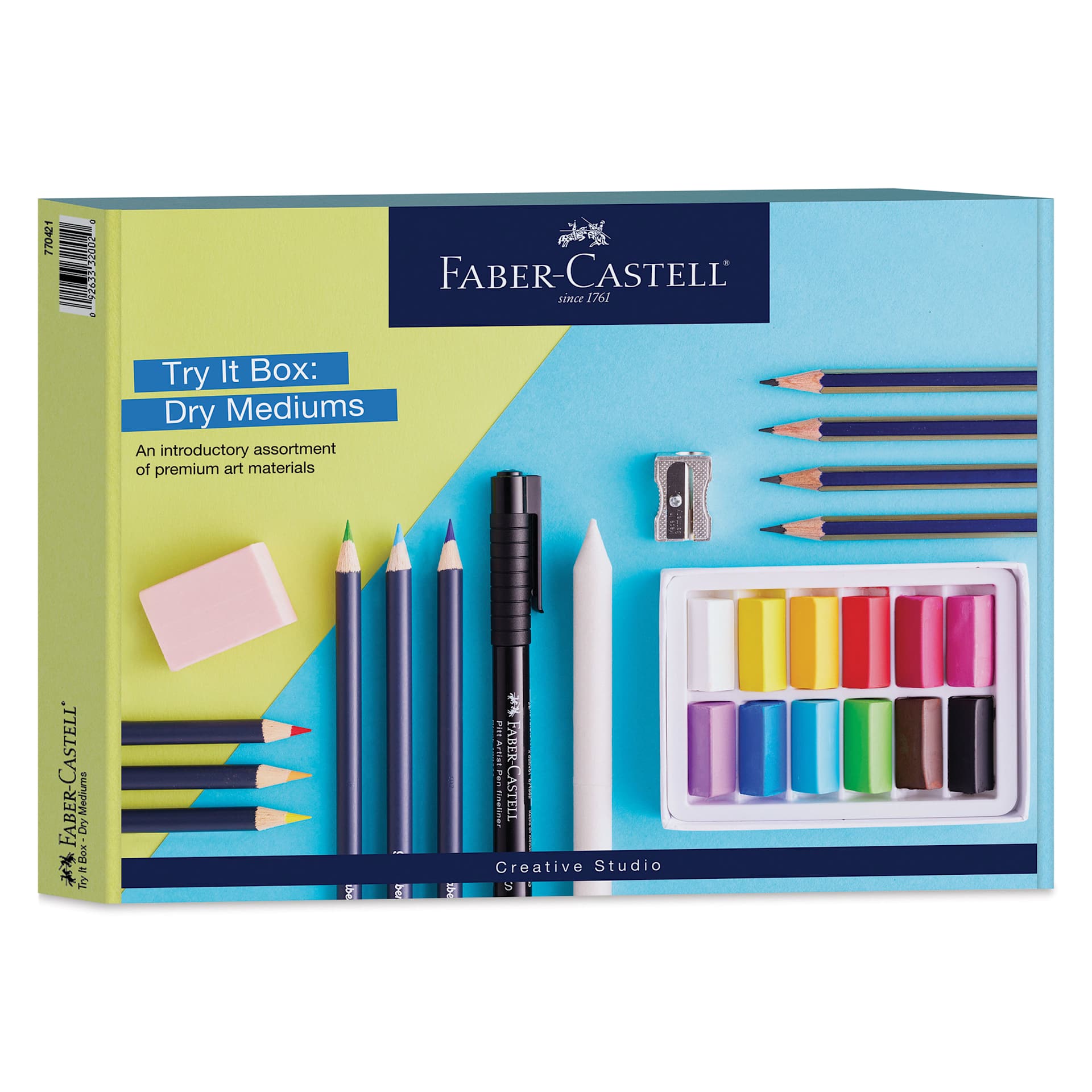 Faber-Castell Creative Studio Try It Box - Dry Mediums Set, front of the packaging Faber-Castell Creative Studio Try It Box - Dry Mediums Set, front of the packaging