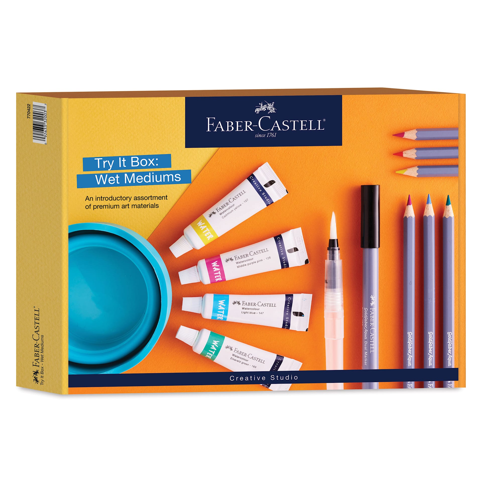 Faber-Castell Creative Studio Try It Box - Wet Mediums Set, front of the packaging Faber-Castell Creative Studio Try It Box - Wet Mediums Set, front of the packaging