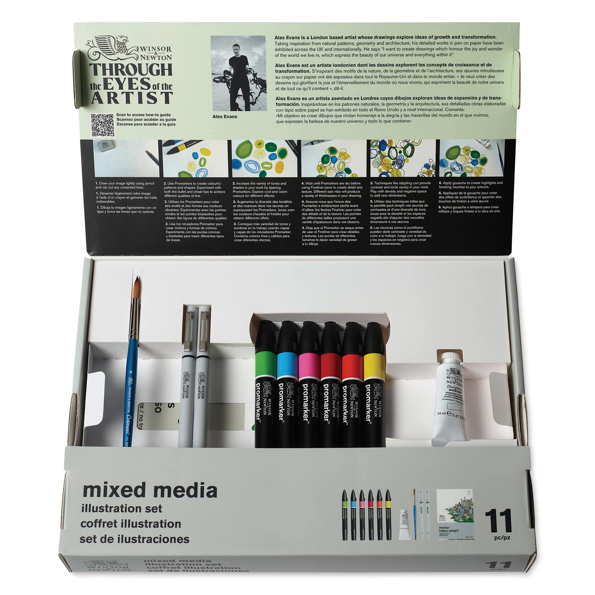 Winsor & Newton Illustration Mixed Media Set package open to show contents