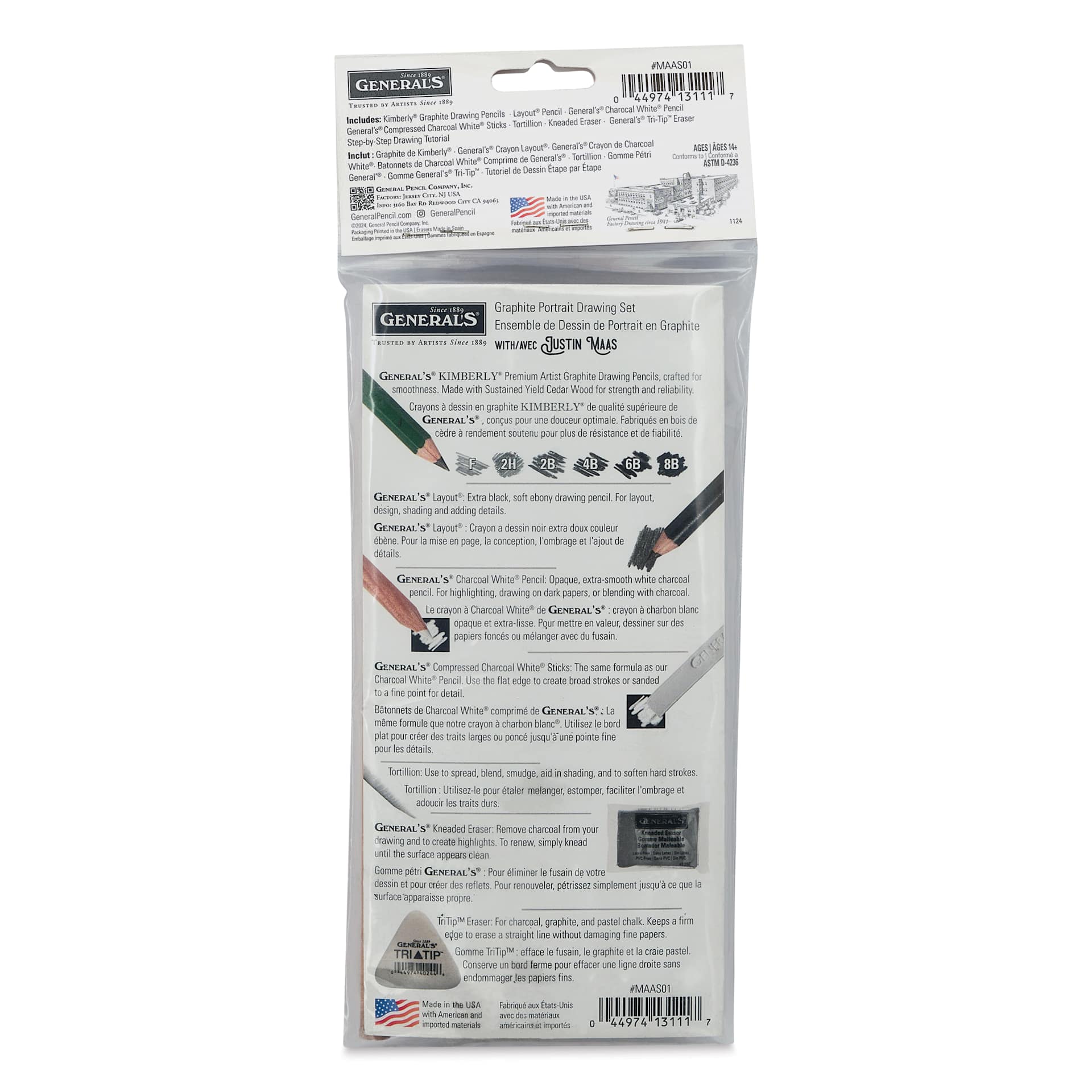 General's Graphite Portrait Drawing Set - Set of 14, Realistic Portraits, back of the pacaging