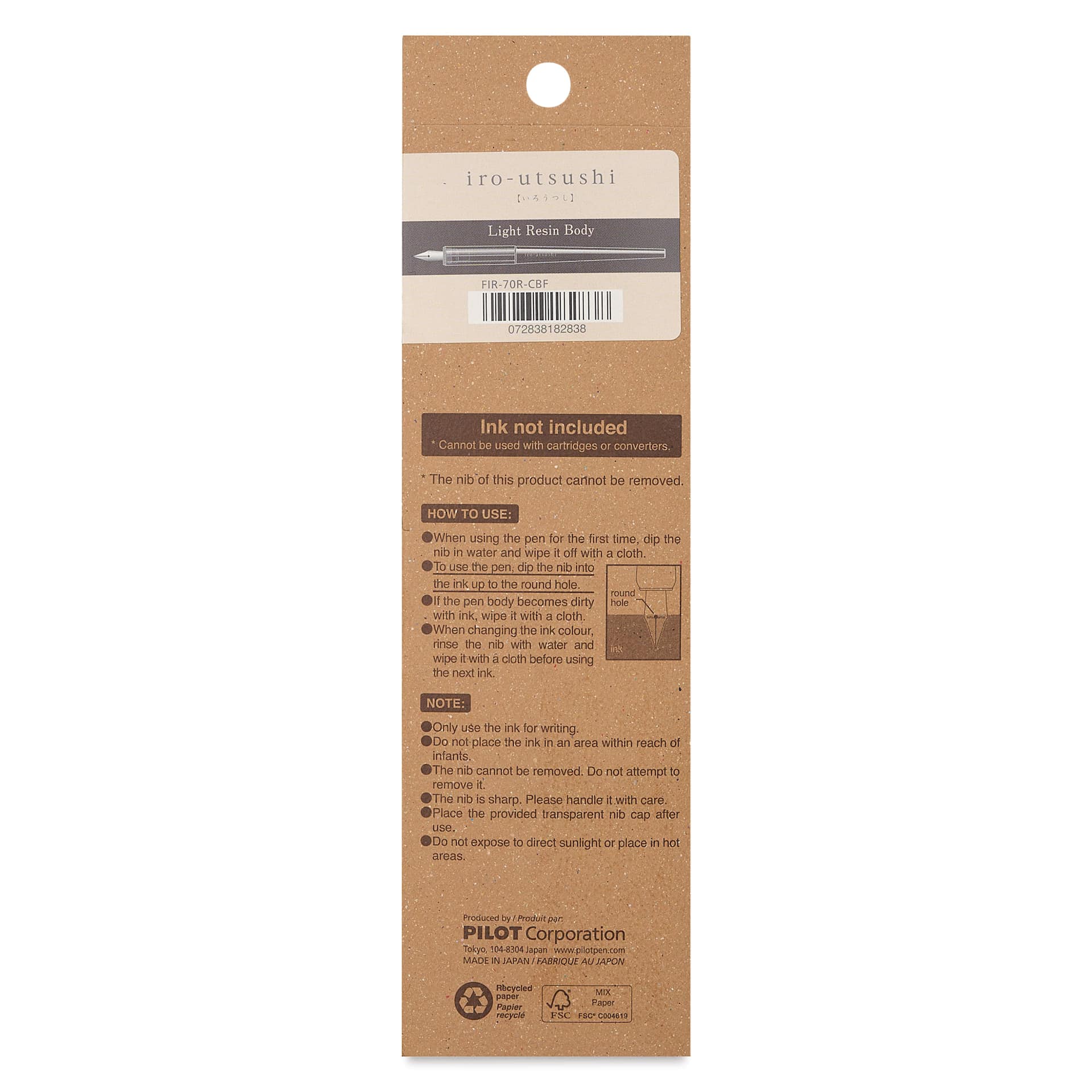 Pilot Iro-Utsushi Dip Pen - Black, Fine Nib, back of packaging