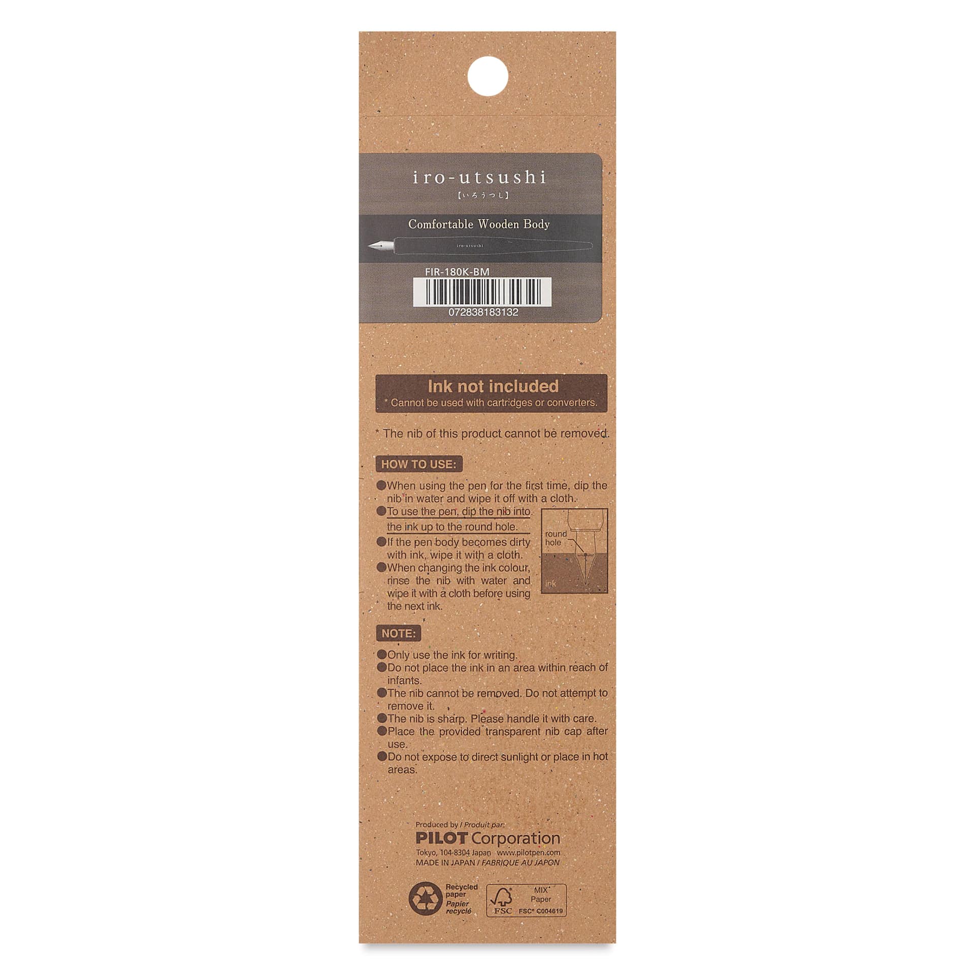 Pilot Iro-Utsushi Dip Pen - Black, Medium Nib, Wooden Barrel, back of packaging