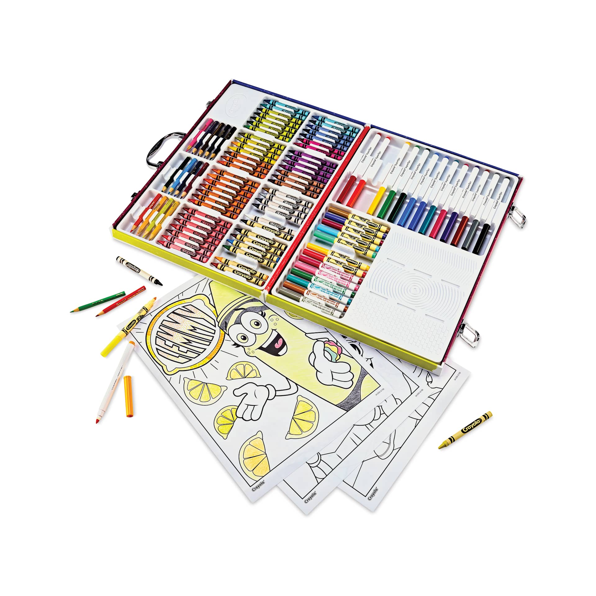 Crayola Limited Edition 115-Piece Art Set open box with contents showing beside coloring page of crayon