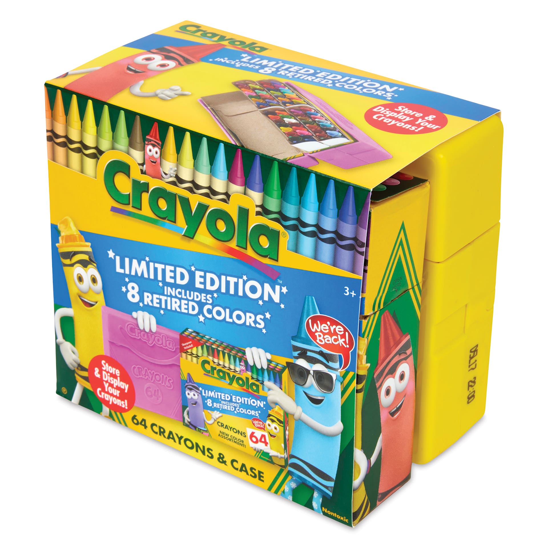 Crayola Limited Edition Crayons - Set of 64 with 8 Retired Colors and Case, angled view