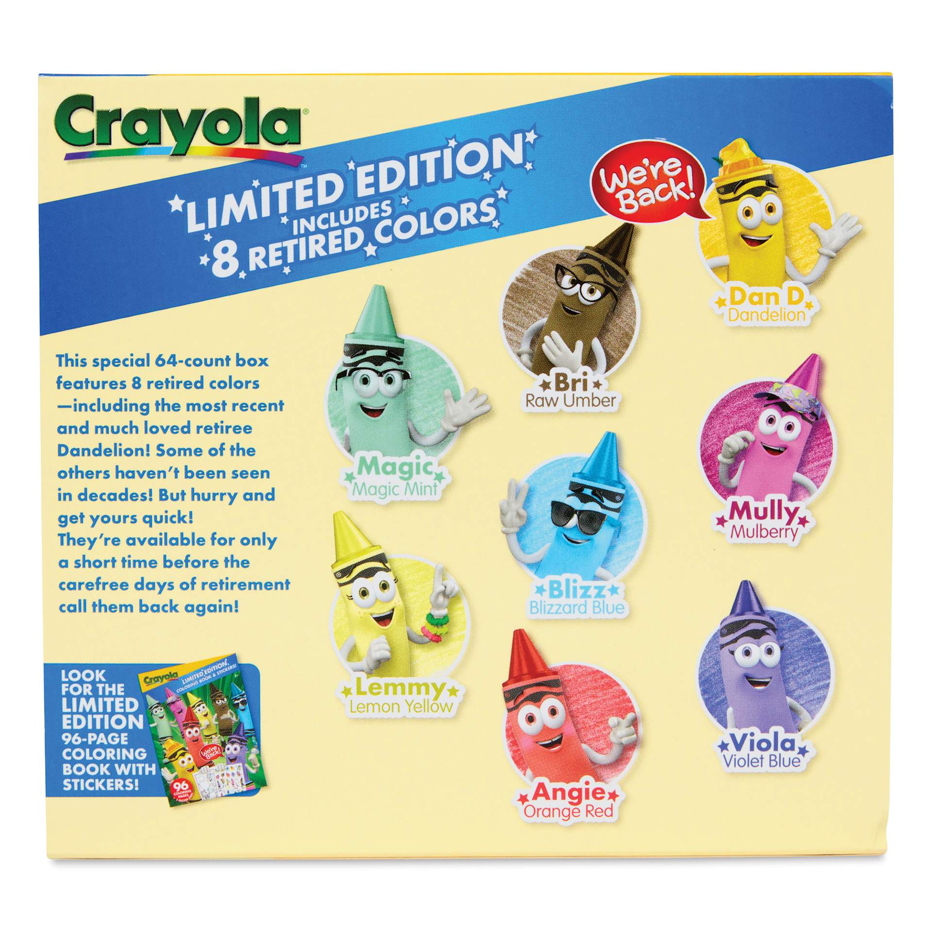 Crayola Limited Edition Crayons - Set of 64 with 8 Retired Colors and Case, back of packaging