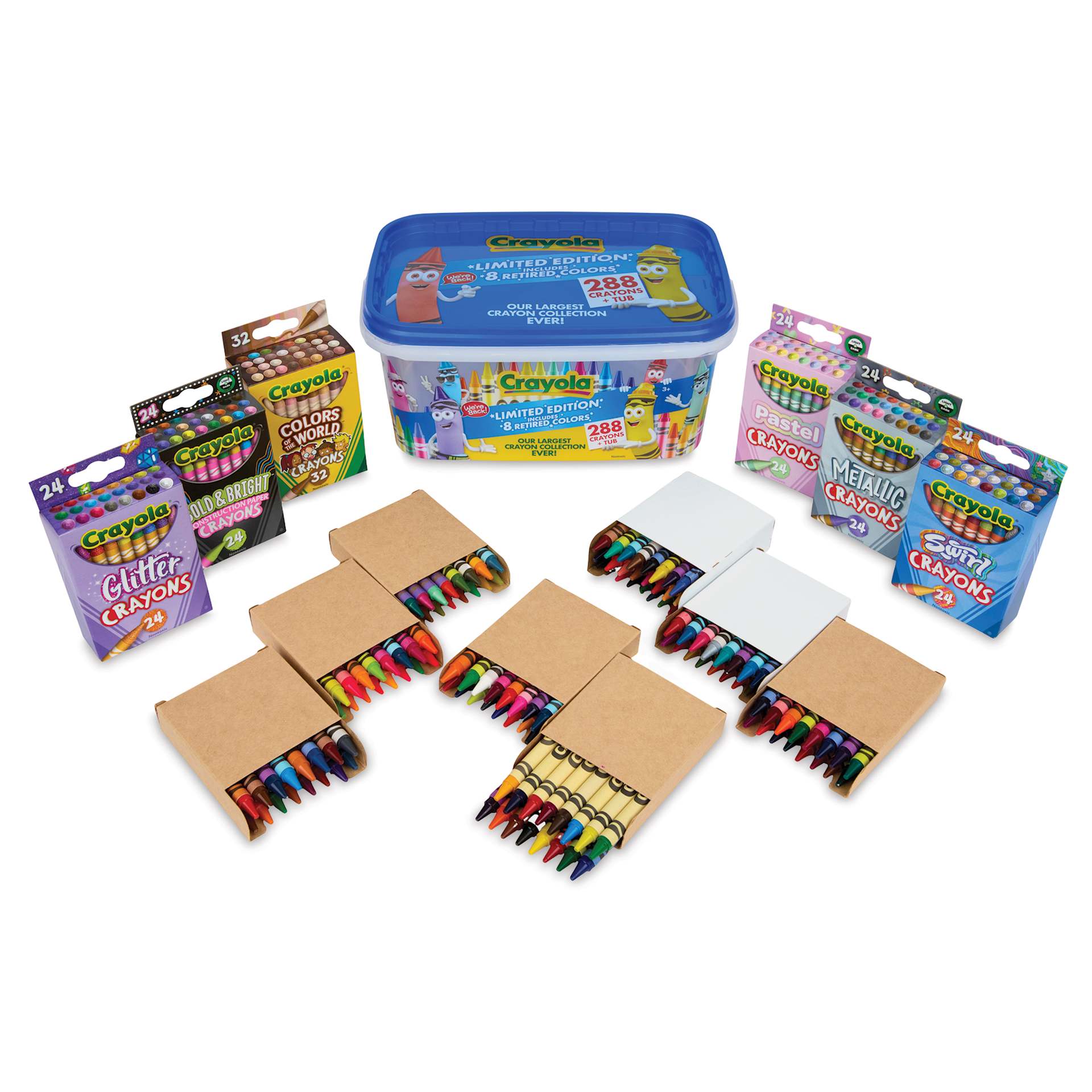 Crayola Limited Edition Crayons - Set of 288 with 8 Retired Colors and Tub, contents