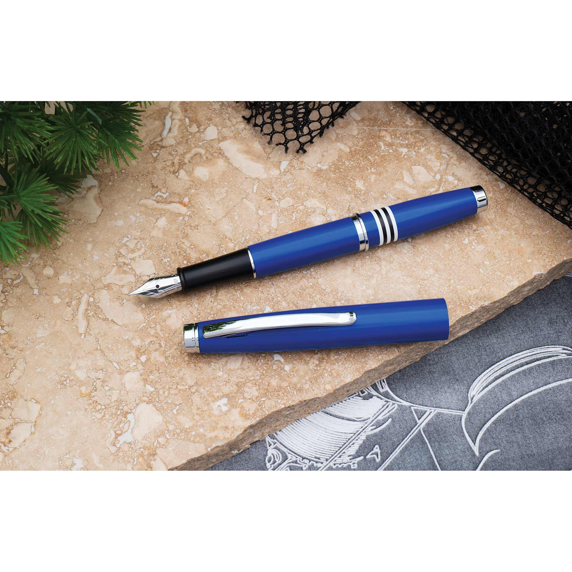 Monteverde Dakota Fountain Pen - Air Force Blue, Fine Nib, on stone tabletop