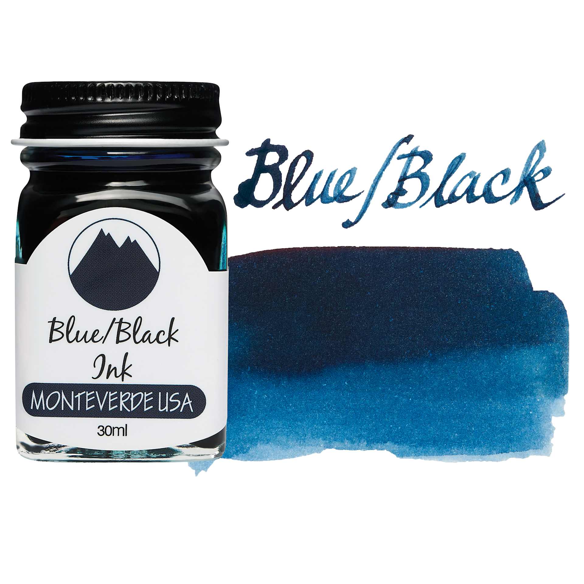 Monteverde Core Fountain Pen Ink - Blue Black, 30 ml bottle and swatch