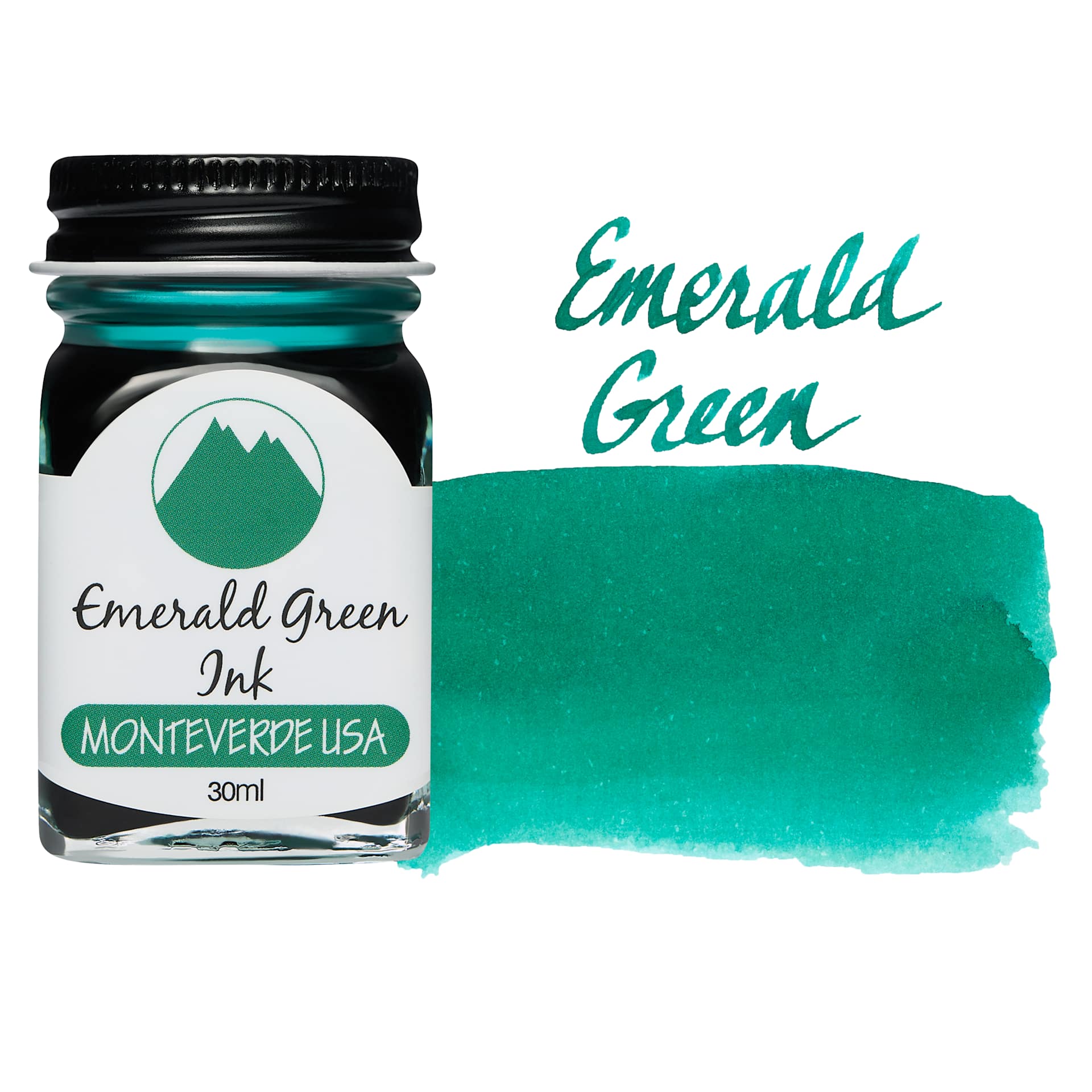 Monteverde Core Fountain Pen Ink - Emerald Green, 30 ml bottle and swatch