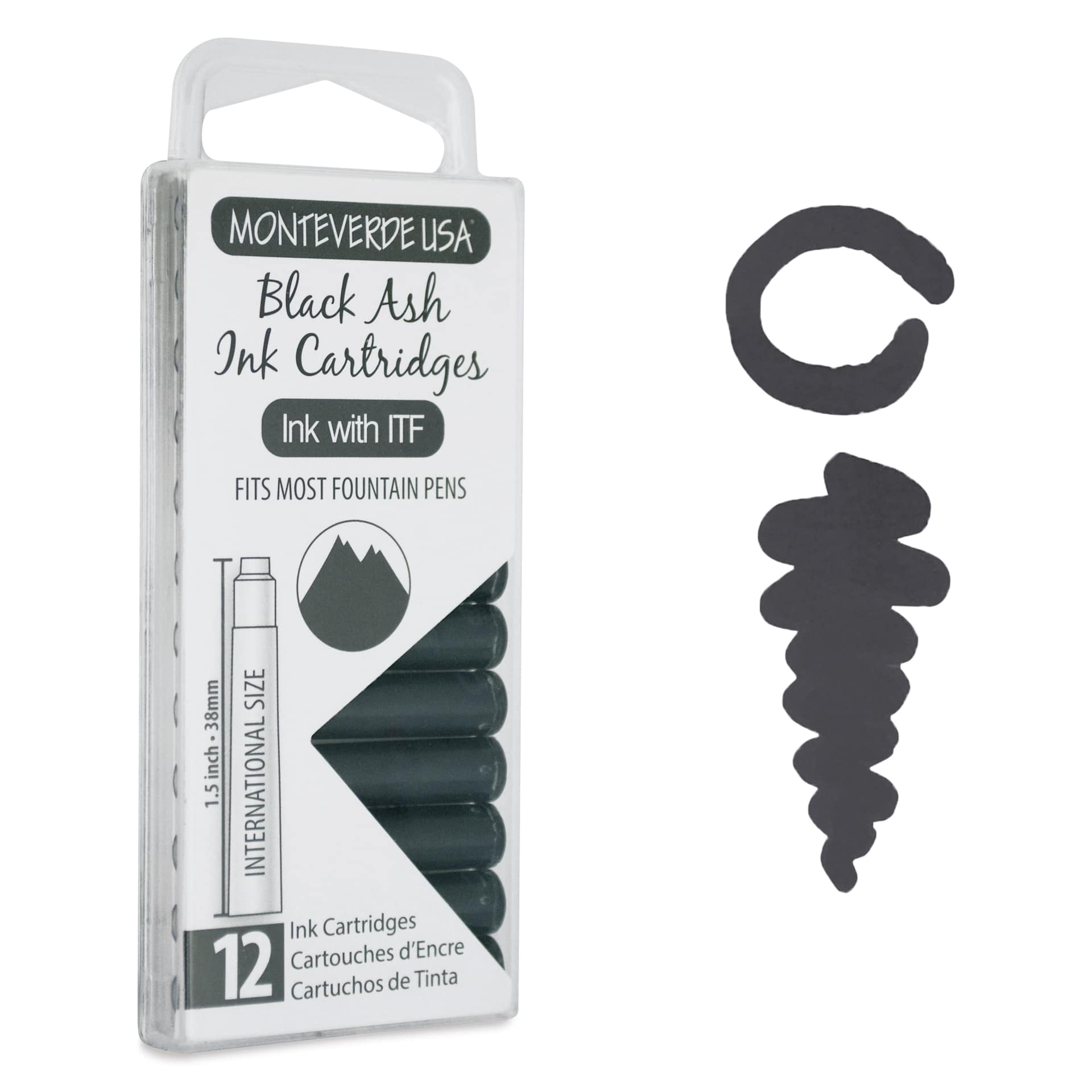Monteverde Core Universal Ink Cartridge - Black Ash, Pkg of 12 with swatch