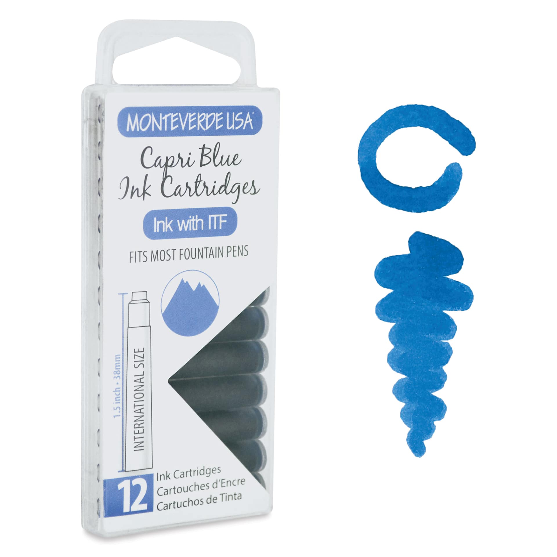 Monteverde Core Universal Ink Cartridge - Capri Blue, Pkg of 12 with swatch