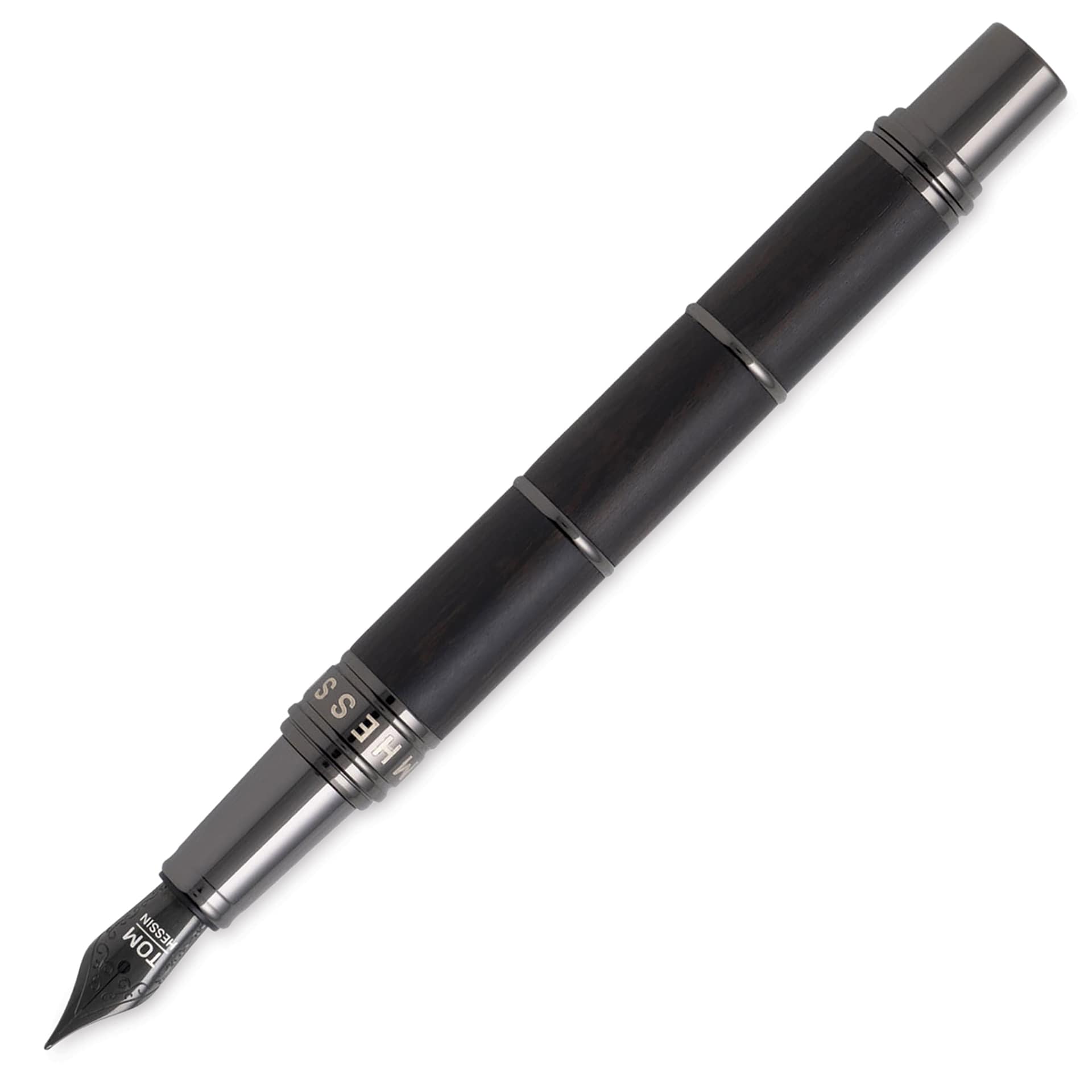 Tom Hessin Revolution Collection Fountain Pen - Charcoal Ebony, Medium Nib, cap off (image may show a different size nib)