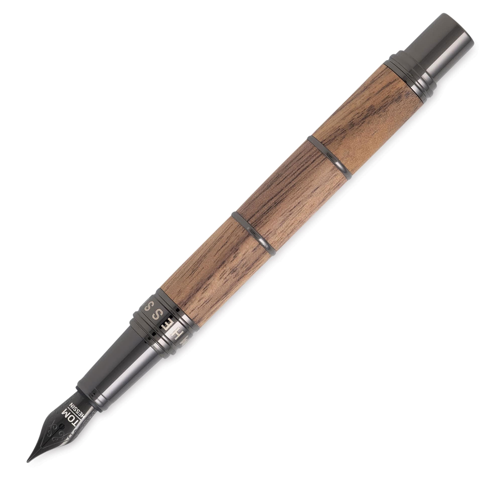 Tom Hessin Revolution Collection Fountain Pen - Rustic Walnut, Medium Nib, cap off (image may show a different size nib)
