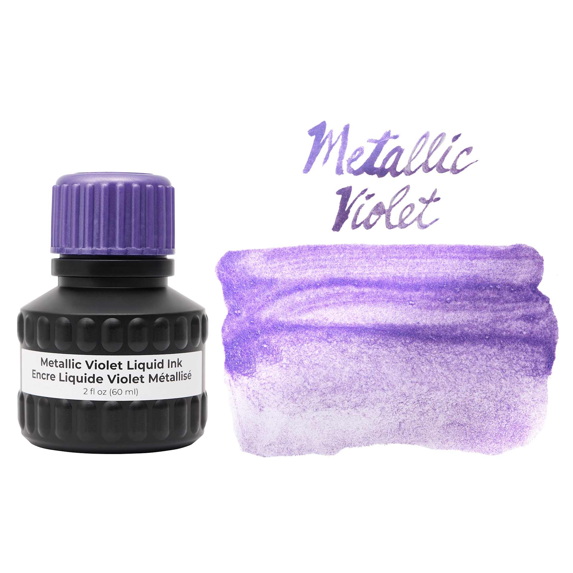 Yasutomo Liquid Metallic Sumi Ink - Violet, 2 oz bottle and swatch