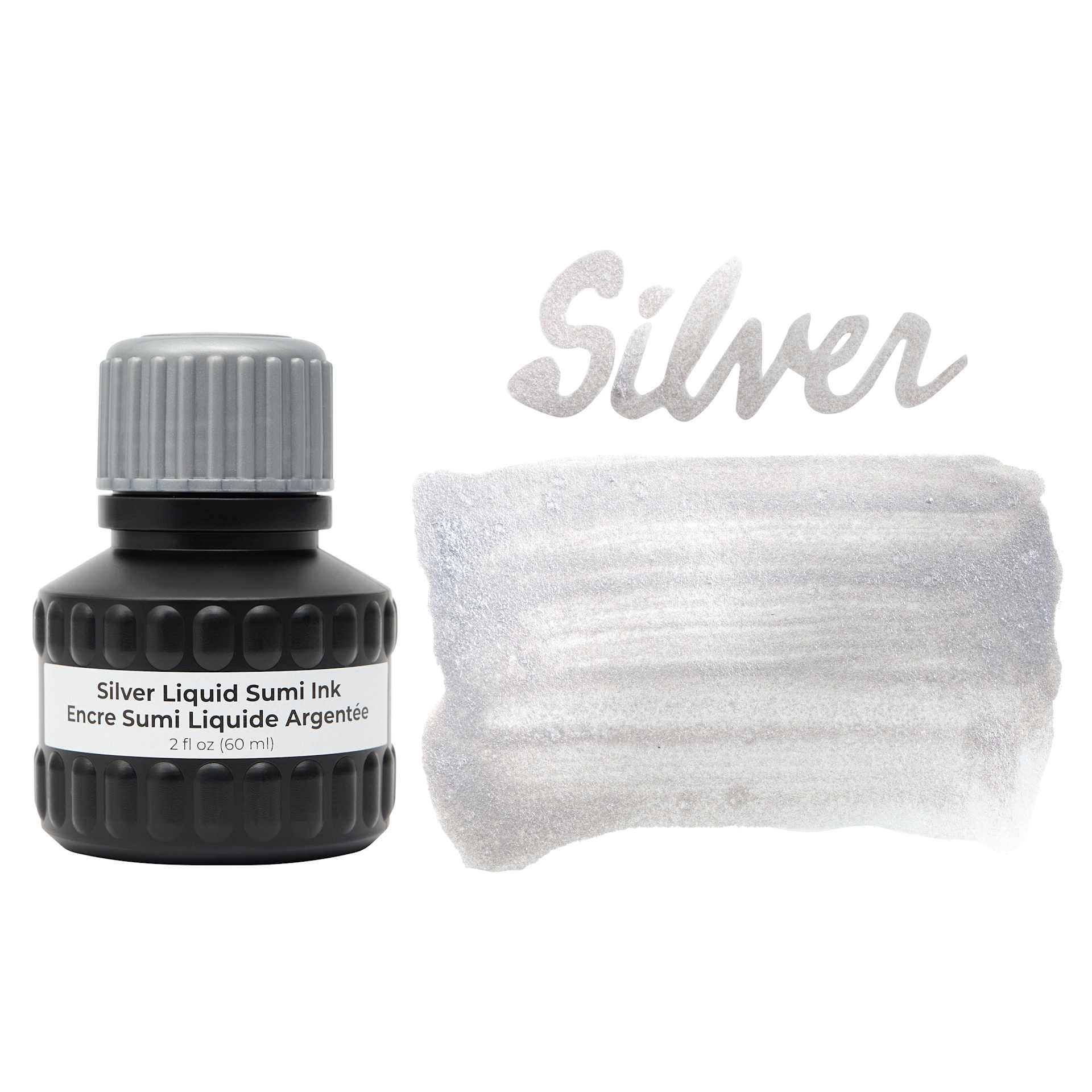 Yasutomo Liquid Metallic Sumi Ink - Silver, 2 oz bottle and swatch
